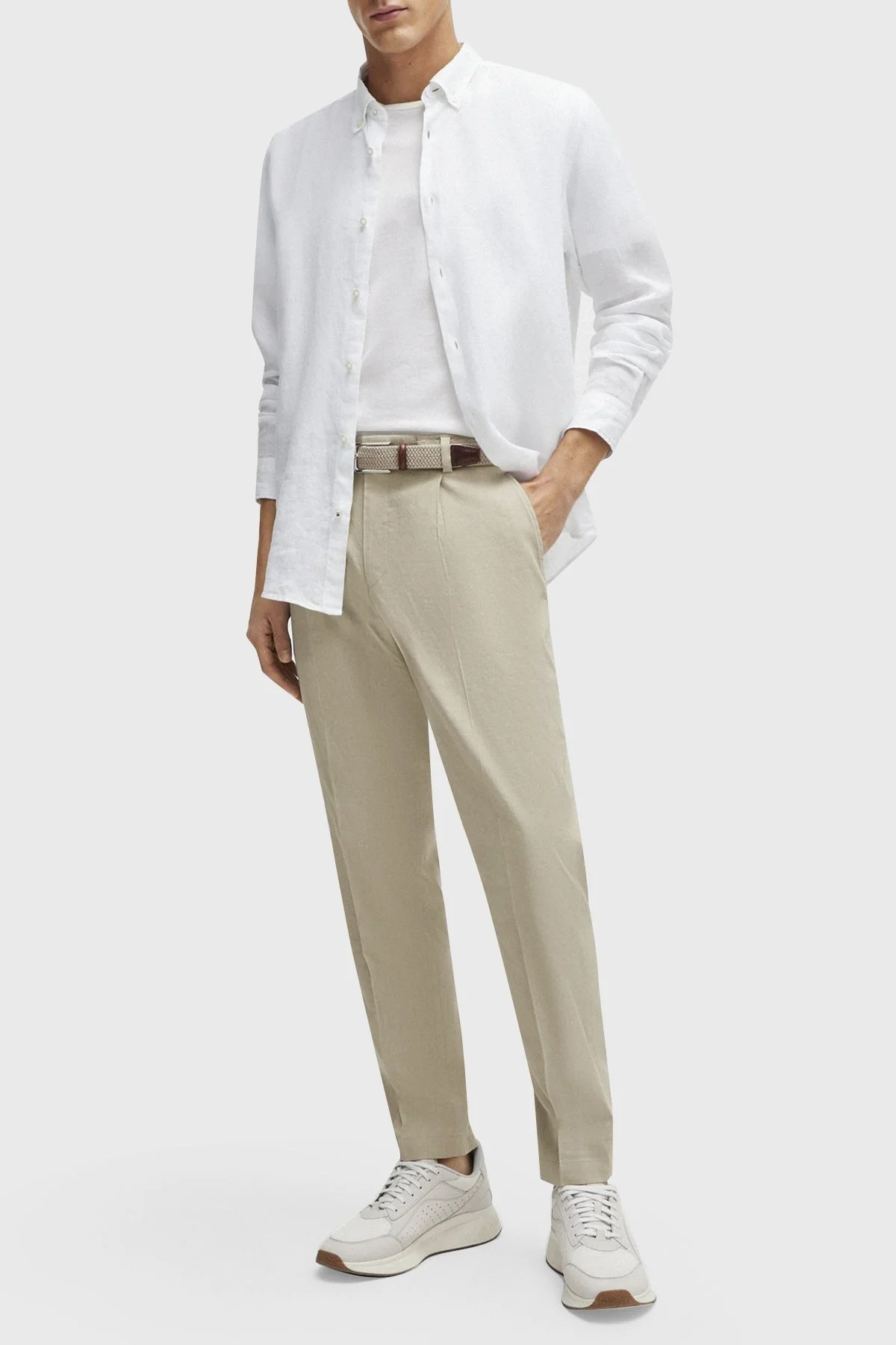 Boss % 100 Keten Düğmeli Yaka Regular Fit Erkek Gömlek 50513849 100 BEYAZ - 8