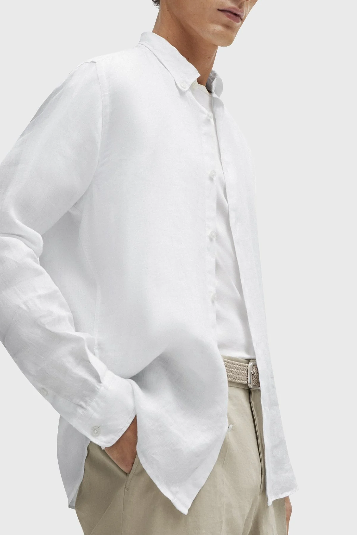 Boss % 100 Keten Düğmeli Yaka Regular Fit Erkek Gömlek 50513849 100 BEYAZ - 11