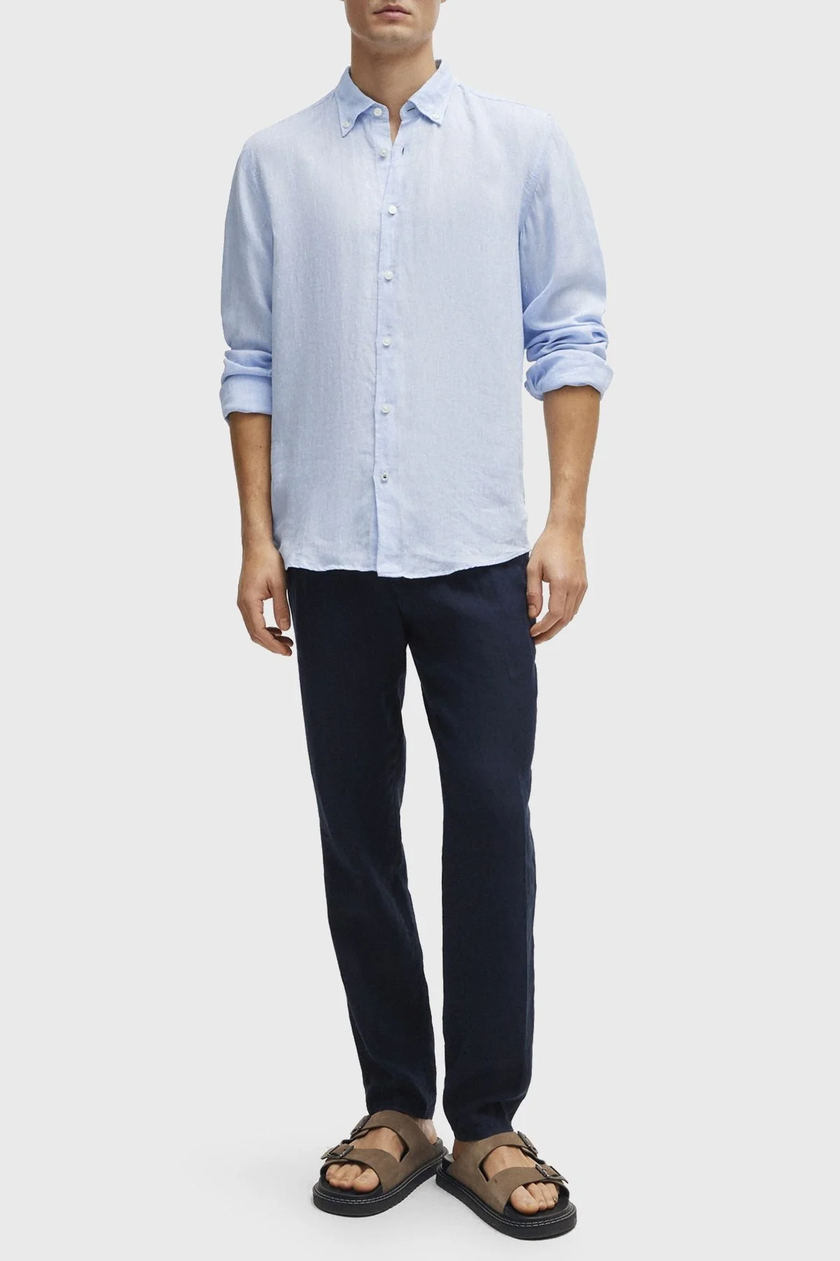 Boss % 100 Keten Düğmeli Yaka Regular Fit Erkek Gömlek 50513849 450 MAVİ - 8