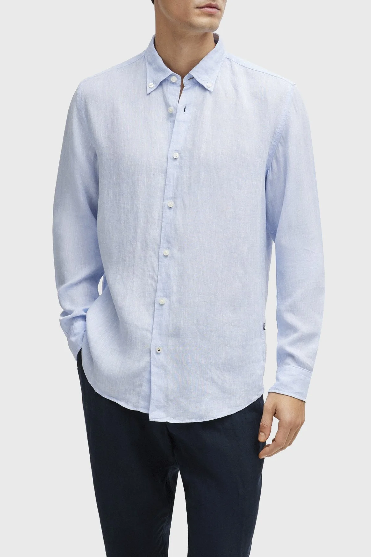 Boss % 100 Keten Düğmeli Yaka Regular Fit Erkek Gömlek 50513849 450 MAVİ - 1