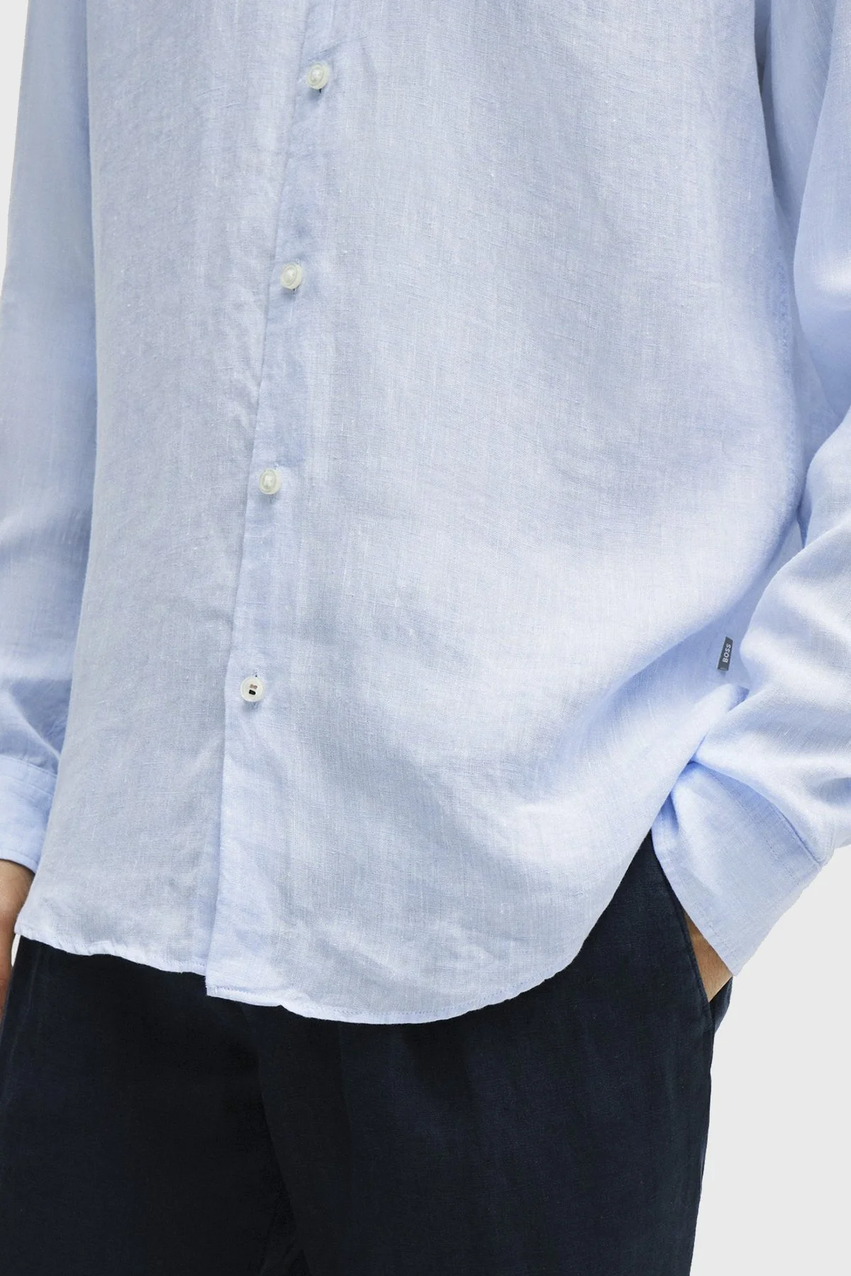 Boss % 100 Keten Düğmeli Yaka Regular Fit Erkek Gömlek 50513849 450 MAVİ - 5