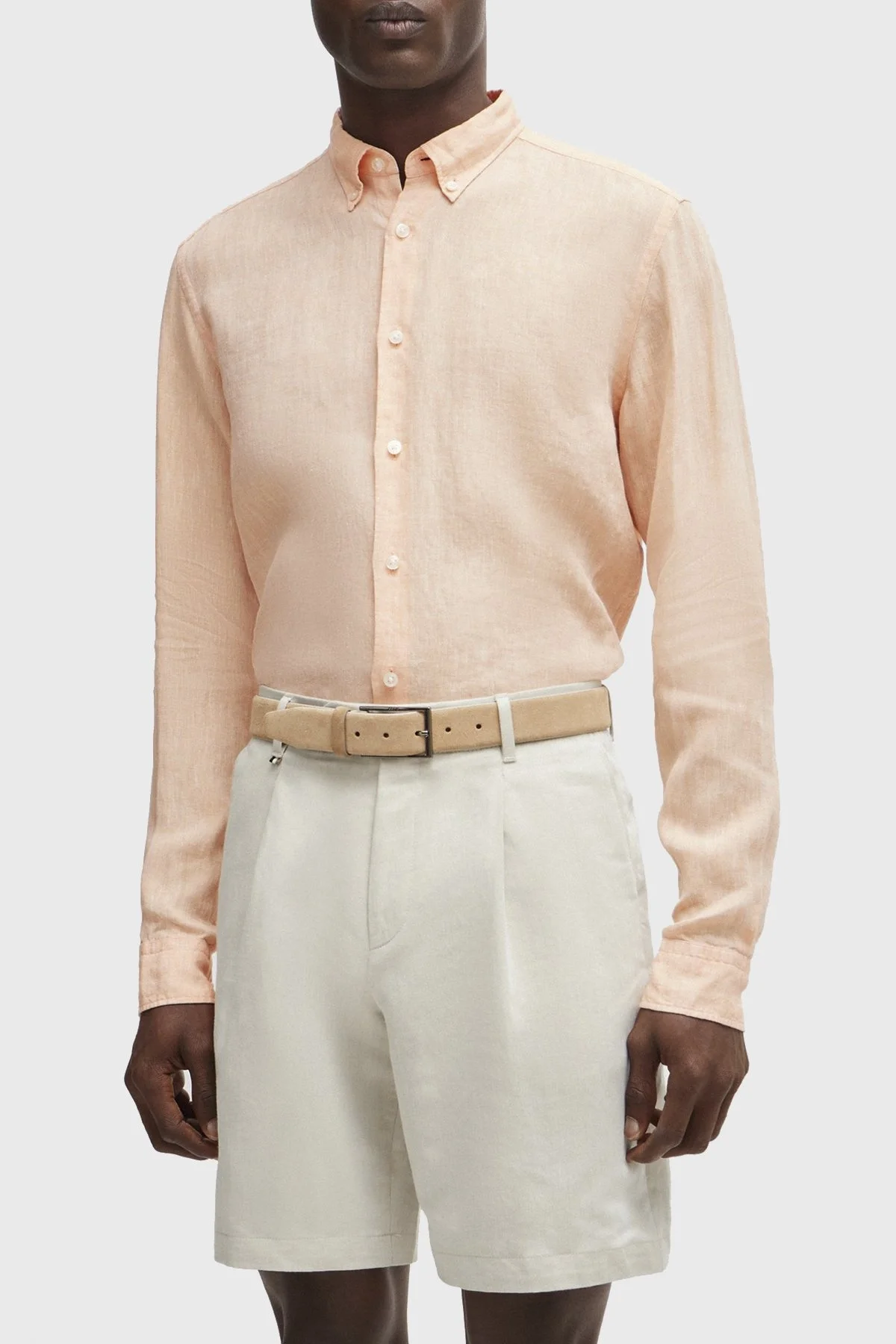 Boss % 100 Keten Düğmeli Yaka Regular Fit Erkek Gömlek 50513849 813 PEMBE - 1