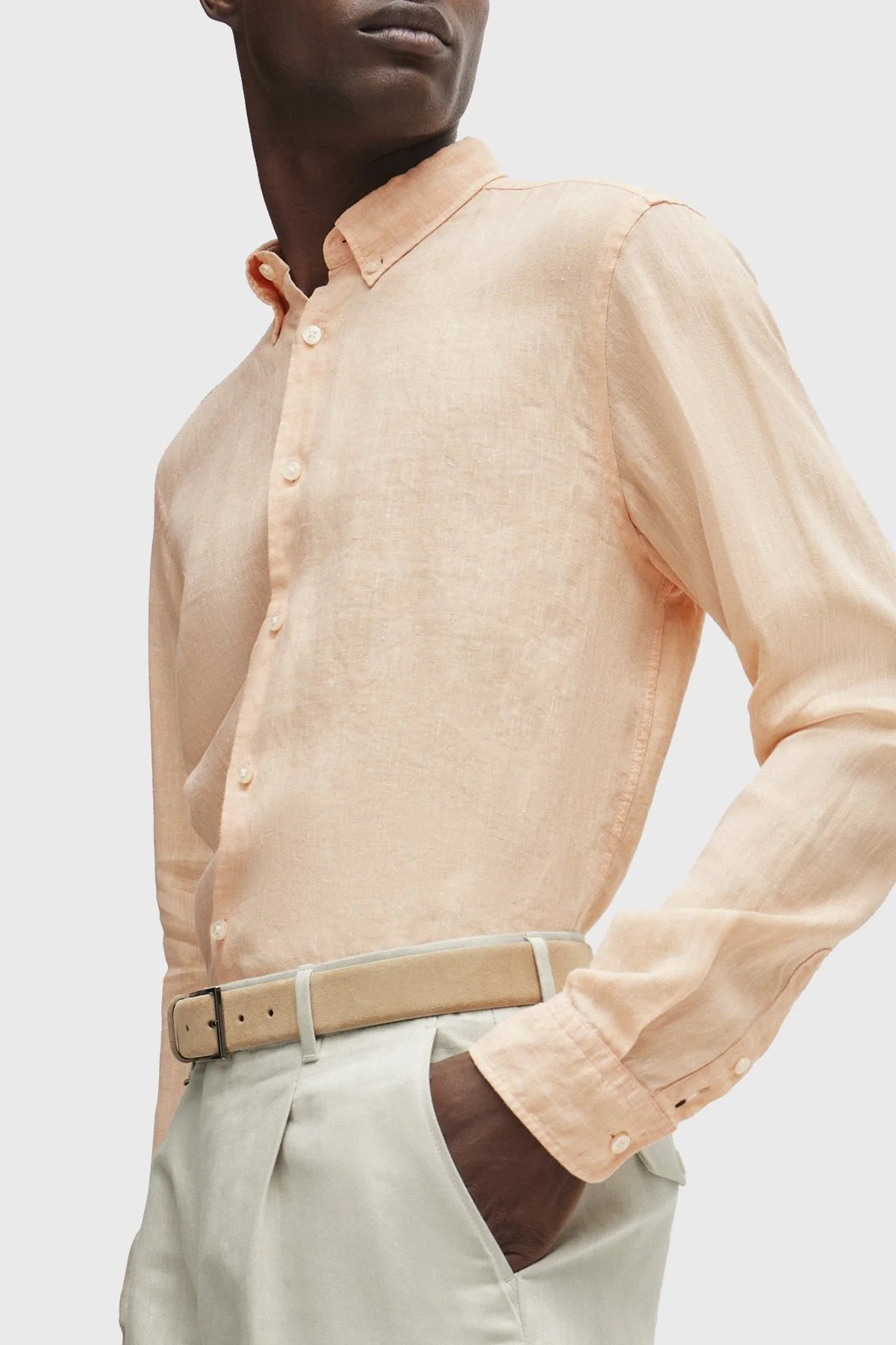 Boss % 100 Keten Düğmeli Yaka Regular Fit Erkek Gömlek 50513849 813 PEMBE - 5