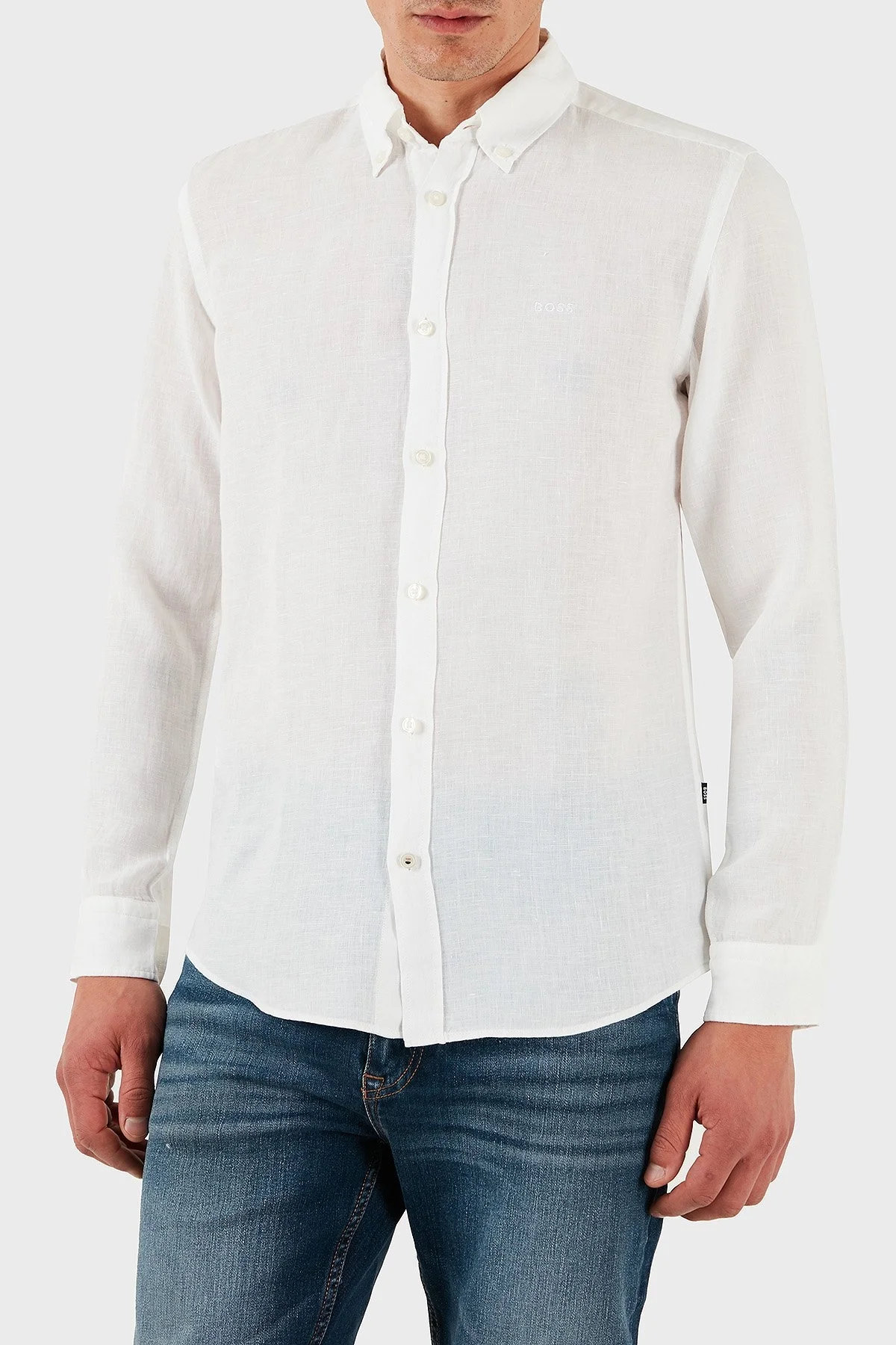 Boss % 100 Keten Regular Fit Düğmeli Yaka Logolu Erkek Gömlek 50520283 100 BEYAZ - 1