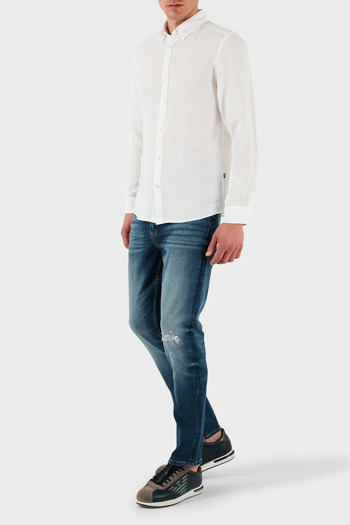 Boss % 100 Keten Regular Fit Düğmeli Yaka Logolu Erkek Gömlek 50520283 100 BEYAZ - 2