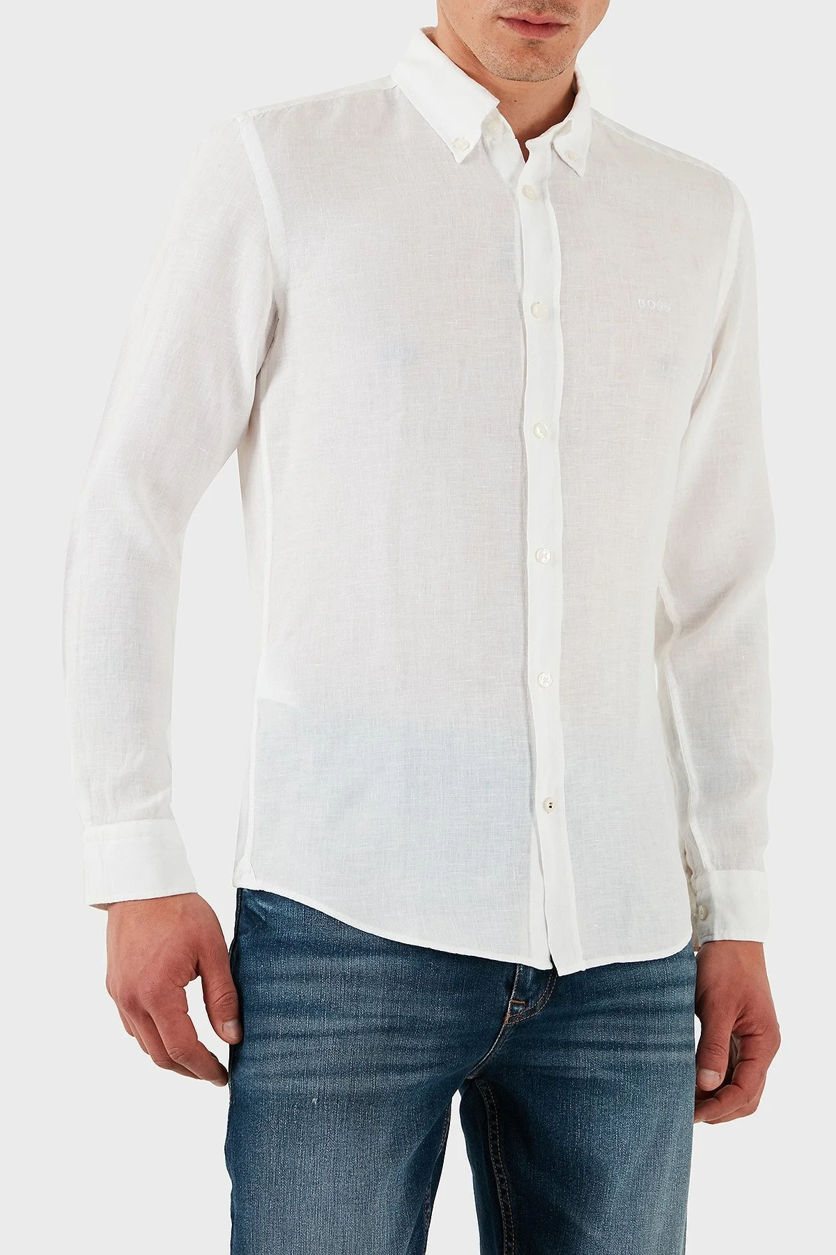 Boss % 100 Keten Regular Fit Düğmeli Yaka Logolu Erkek Gömlek 50520283 100 BEYAZ - 4