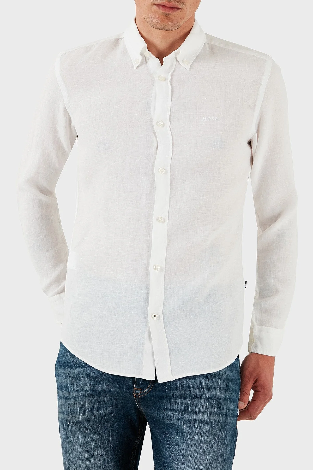 Boss % 100 Keten Regular Fit Düğmeli Yaka Logolu Erkek Gömlek 50520283 100 BEYAZ - 5