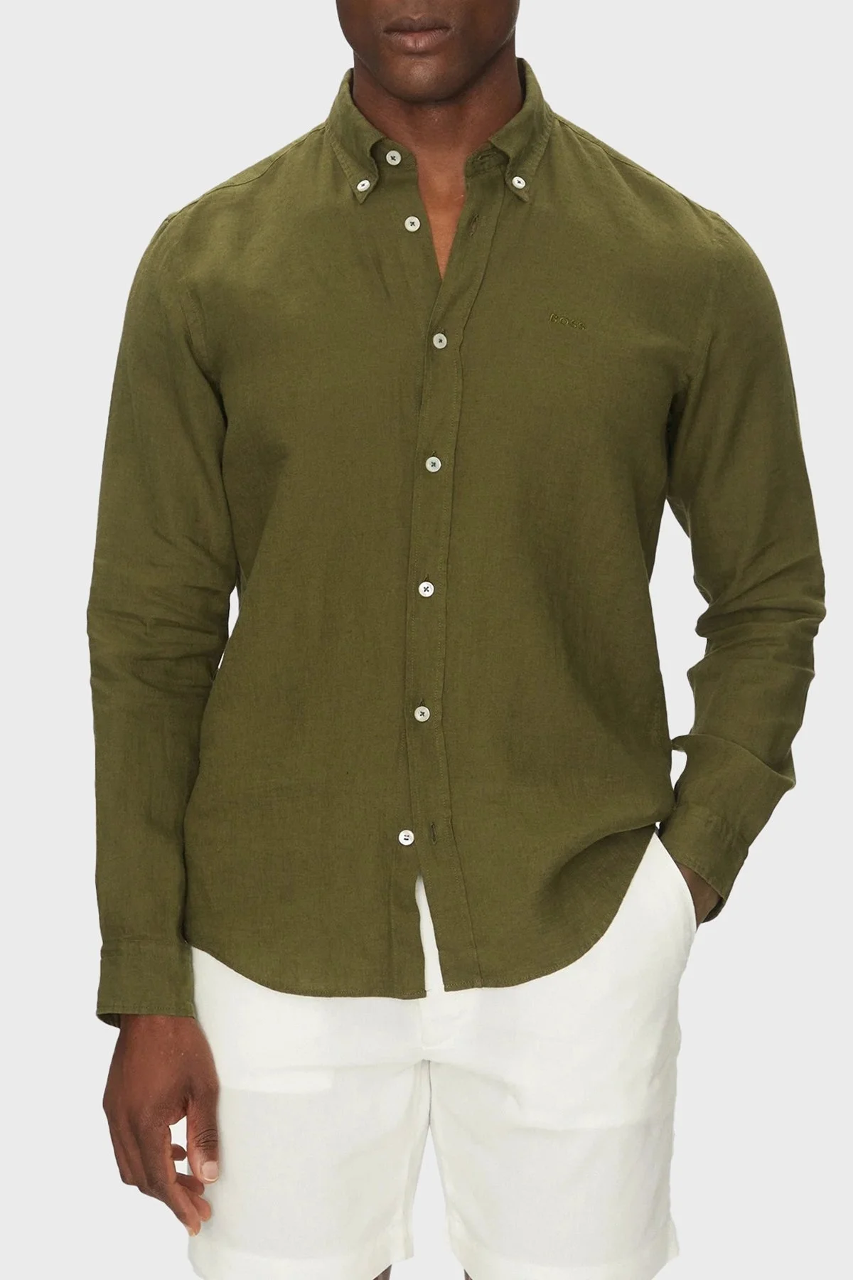 Boss % 100 Keten Regular Fit Düğmeli Yaka Logolu Erkek Gömlek 50520283 302 KOYU YEŞİL - 6