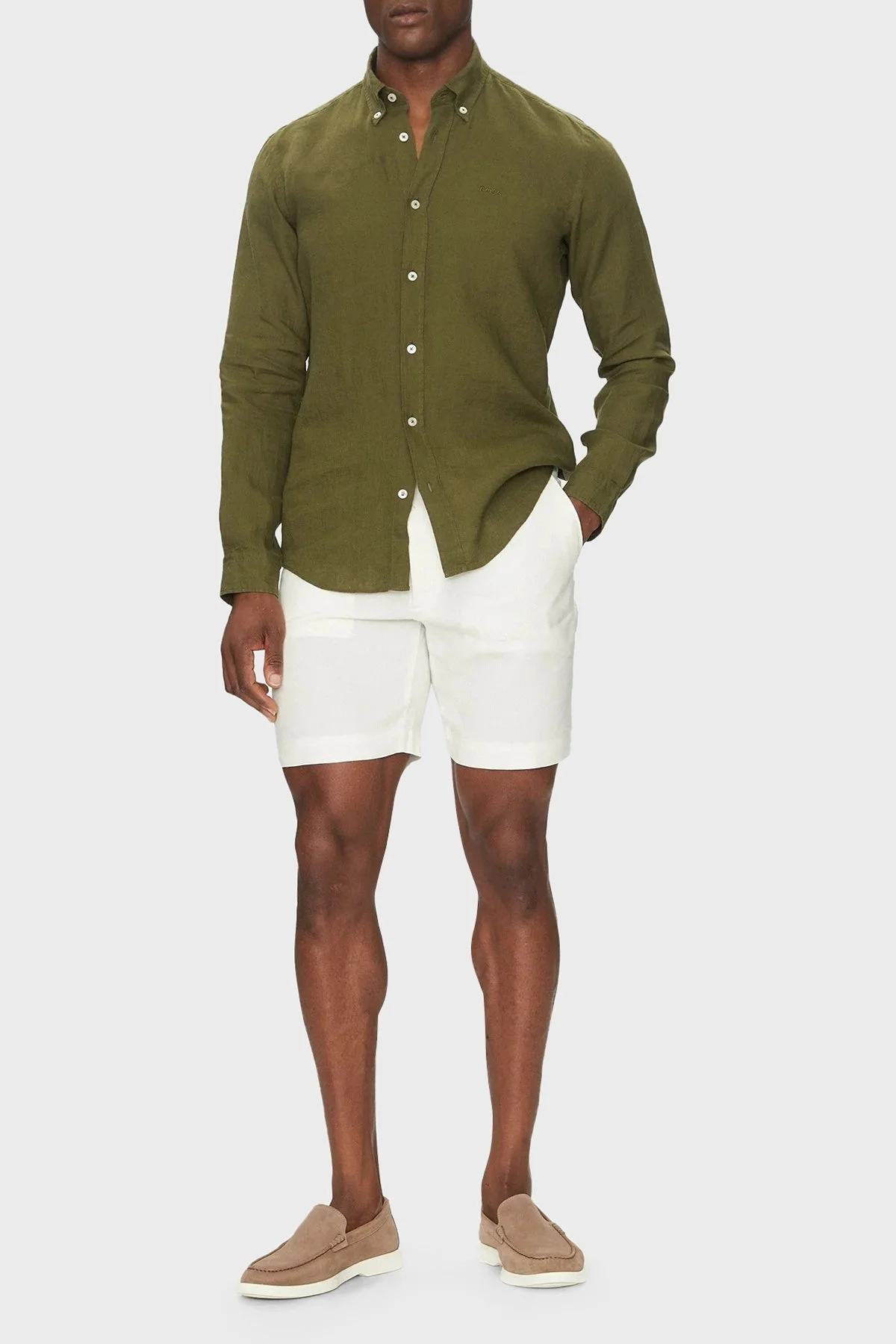 Boss % 100 Keten Regular Fit Düğmeli Yaka Logolu Erkek Gömlek 50520283 302 KOYU YEŞİL - 7