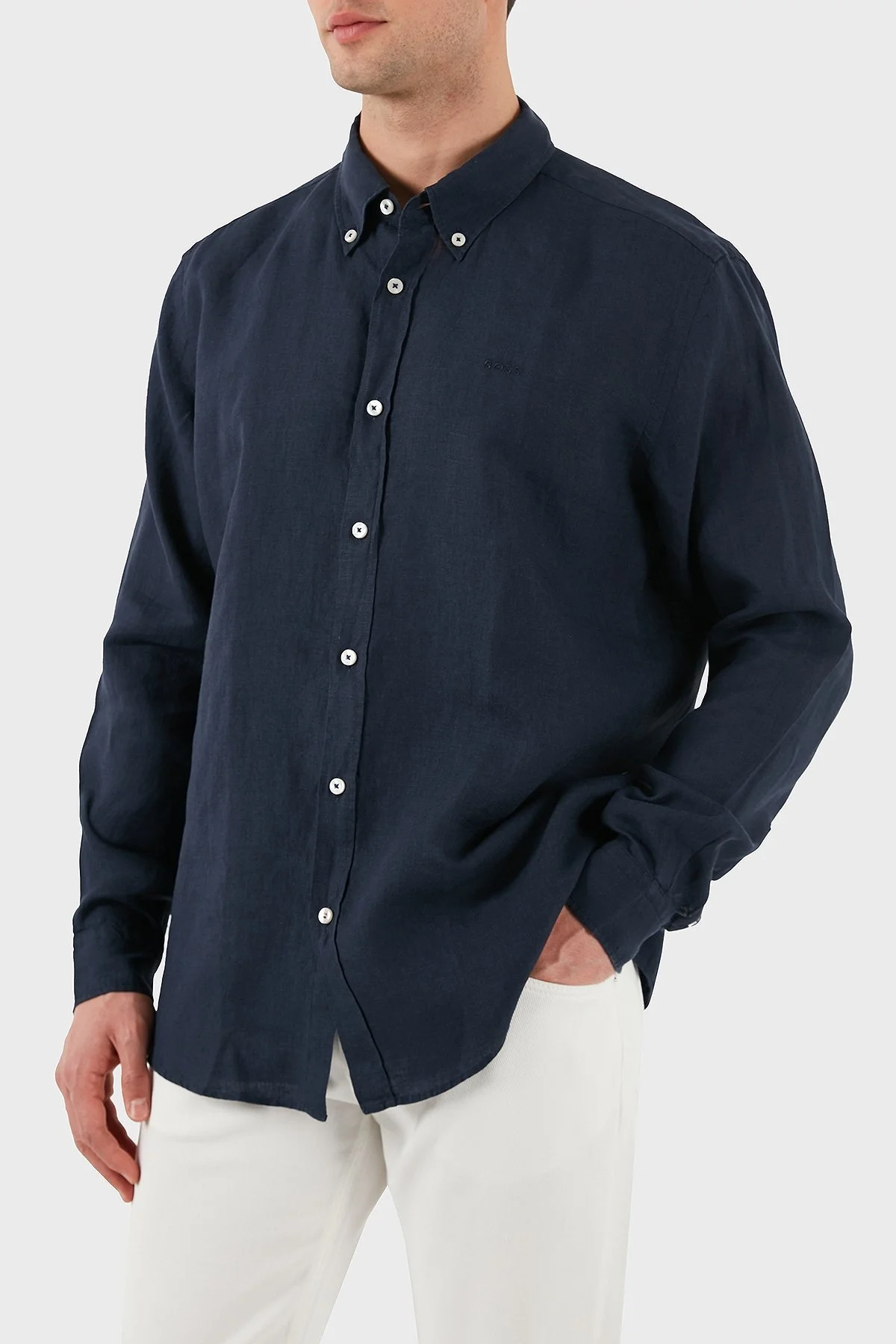 Boss % 100 Keten Regular Fit Düğmeli Yaka Logolu Erkek Gömlek 50520283 404 LACİVERT - 3