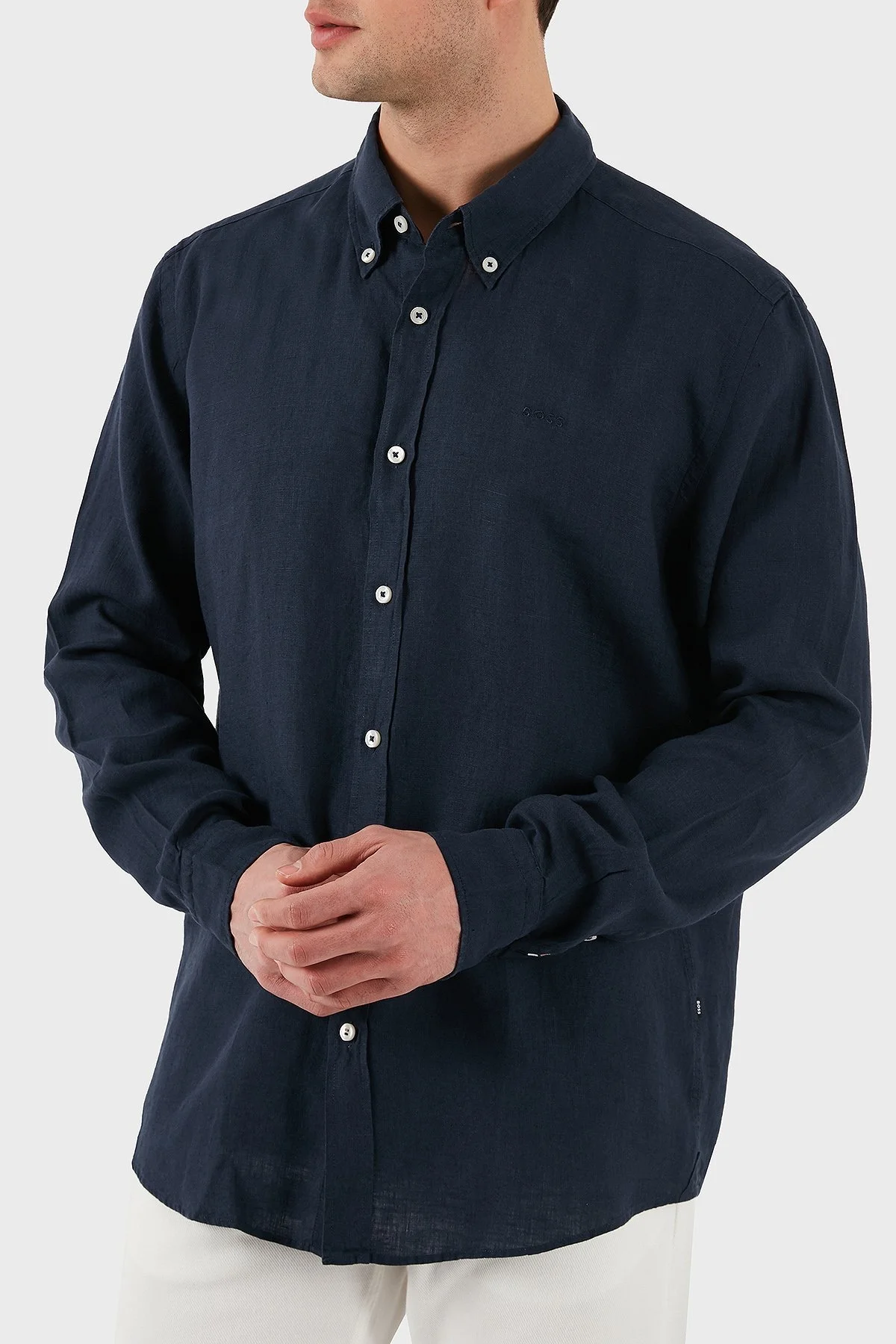 Boss % 100 Keten Regular Fit Düğmeli Yaka Logolu Erkek Gömlek 50520283 404 LACİVERT - 4