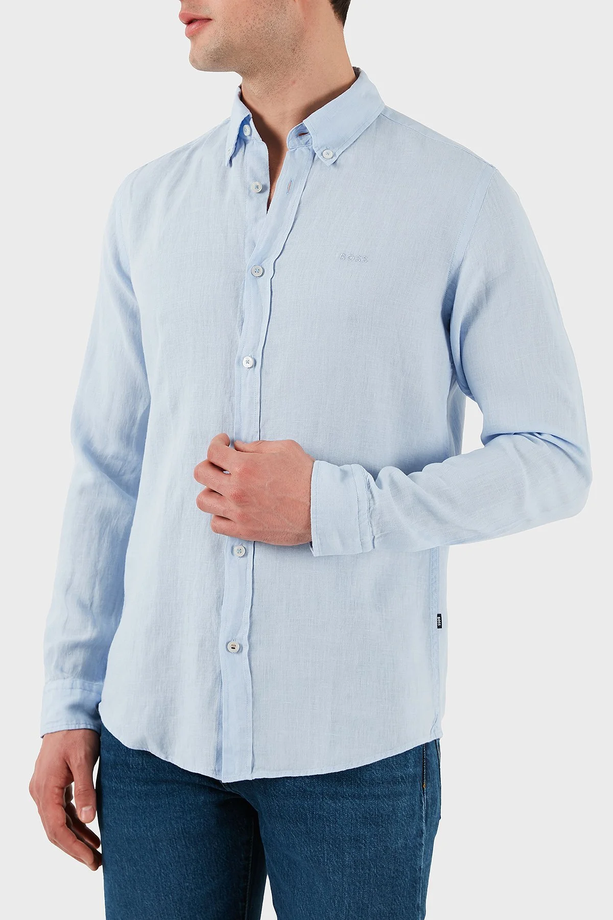 Boss % 100 Keten Regular Fit Düğmeli Yaka Logolu Erkek Gömlek 50520283 450 AÇIK MAVİ - 1