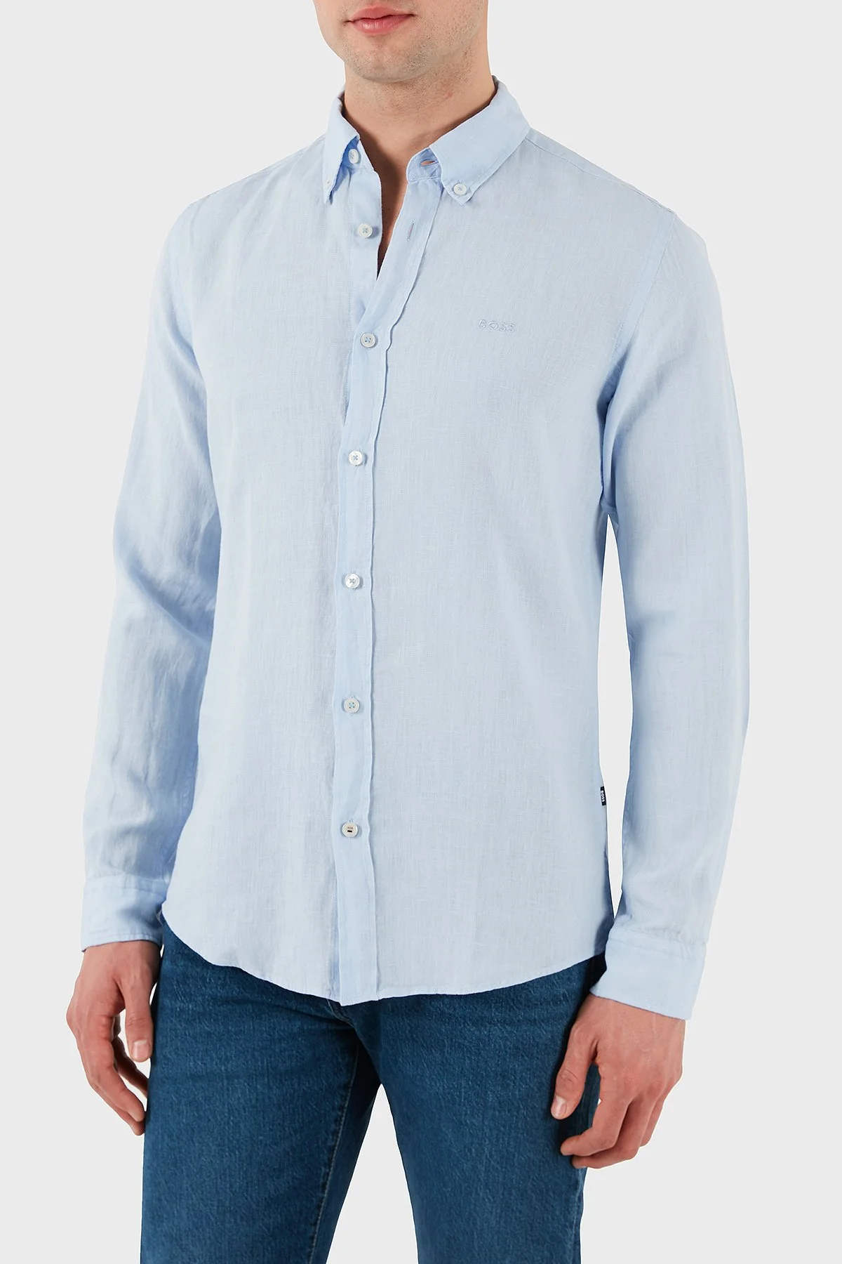 Boss % 100 Keten Regular Fit Düğmeli Yaka Logolu Erkek Gömlek 50520283 450 AÇIK MAVİ - 2