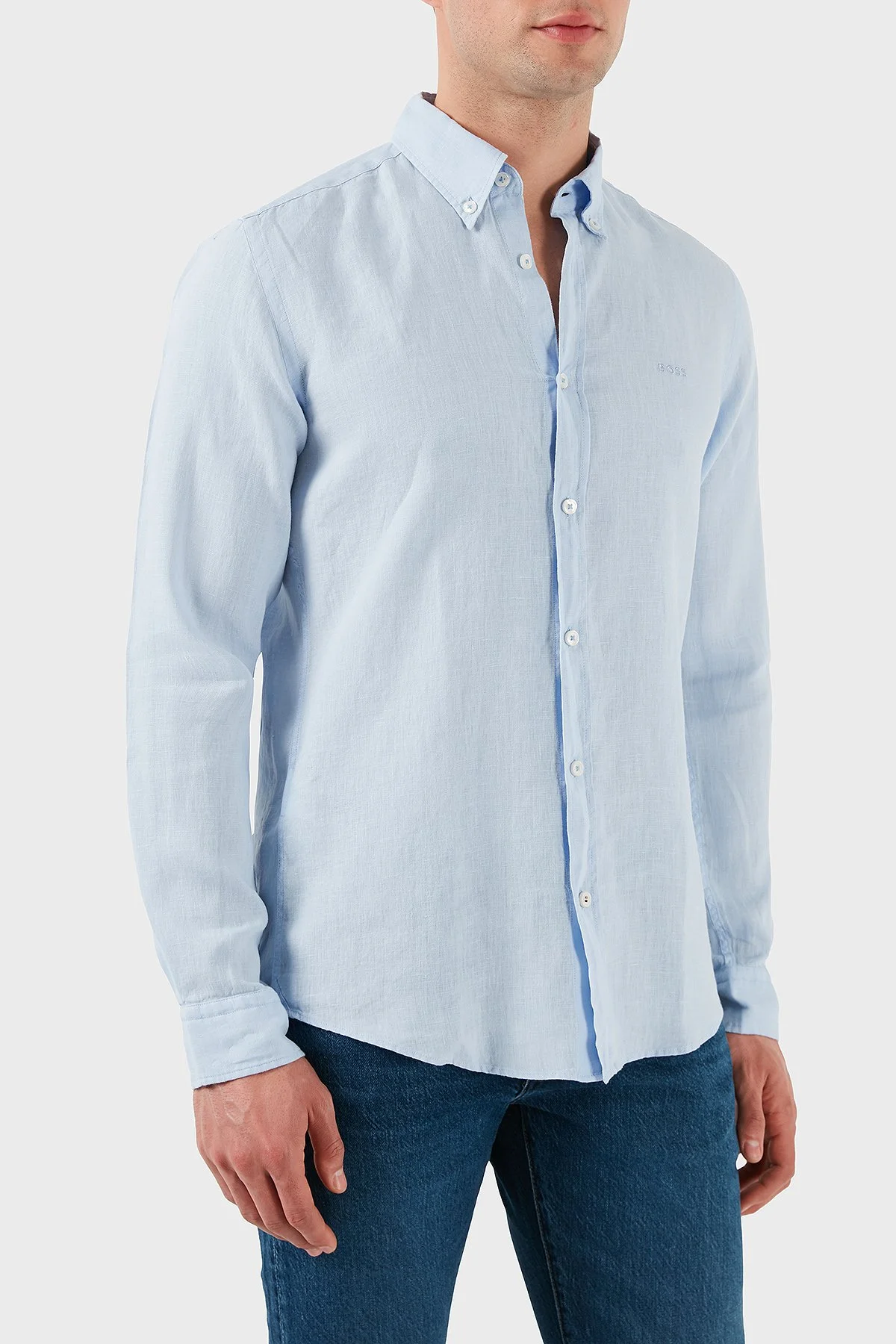 Boss % 100 Keten Regular Fit Düğmeli Yaka Logolu Erkek Gömlek 50520283 450 AÇIK MAVİ - 4