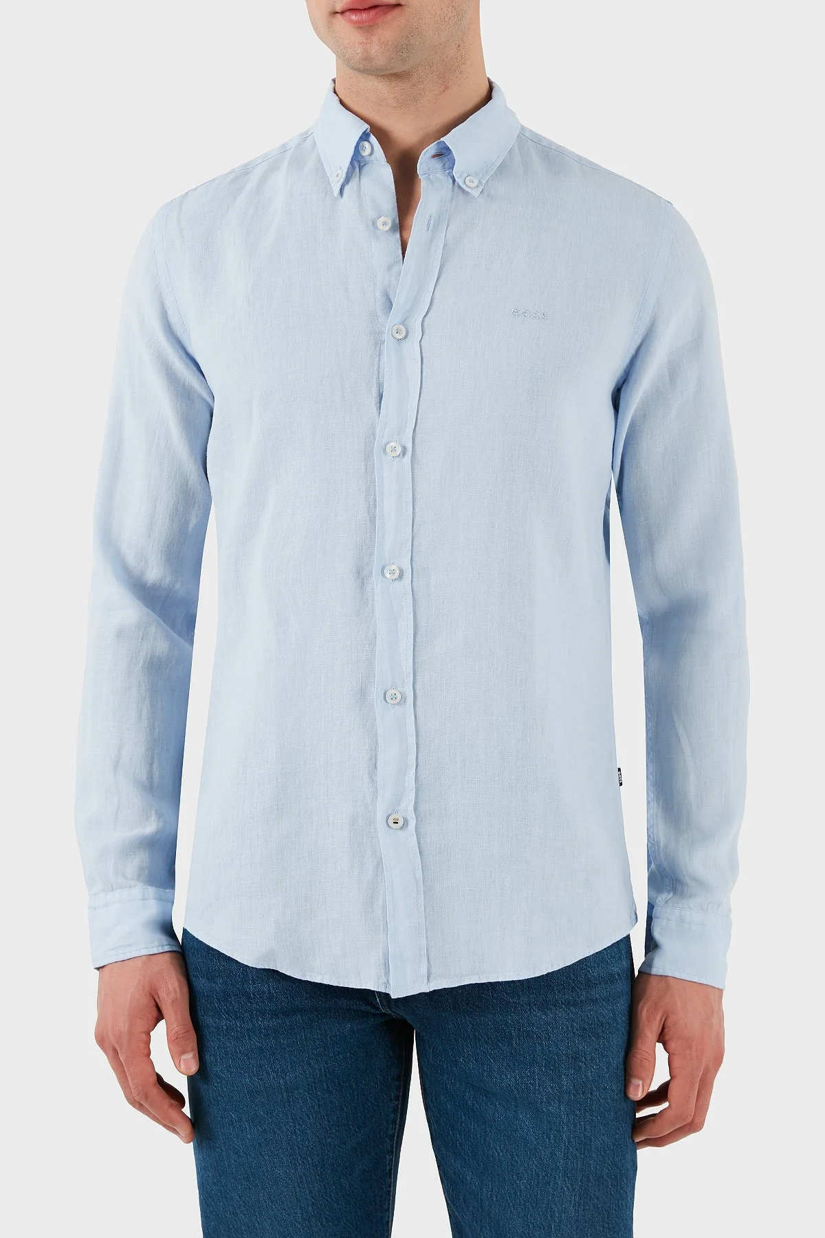 Boss % 100 Keten Regular Fit Düğmeli Yaka Logolu Erkek Gömlek 50520283 450 AÇIK MAVİ - 5