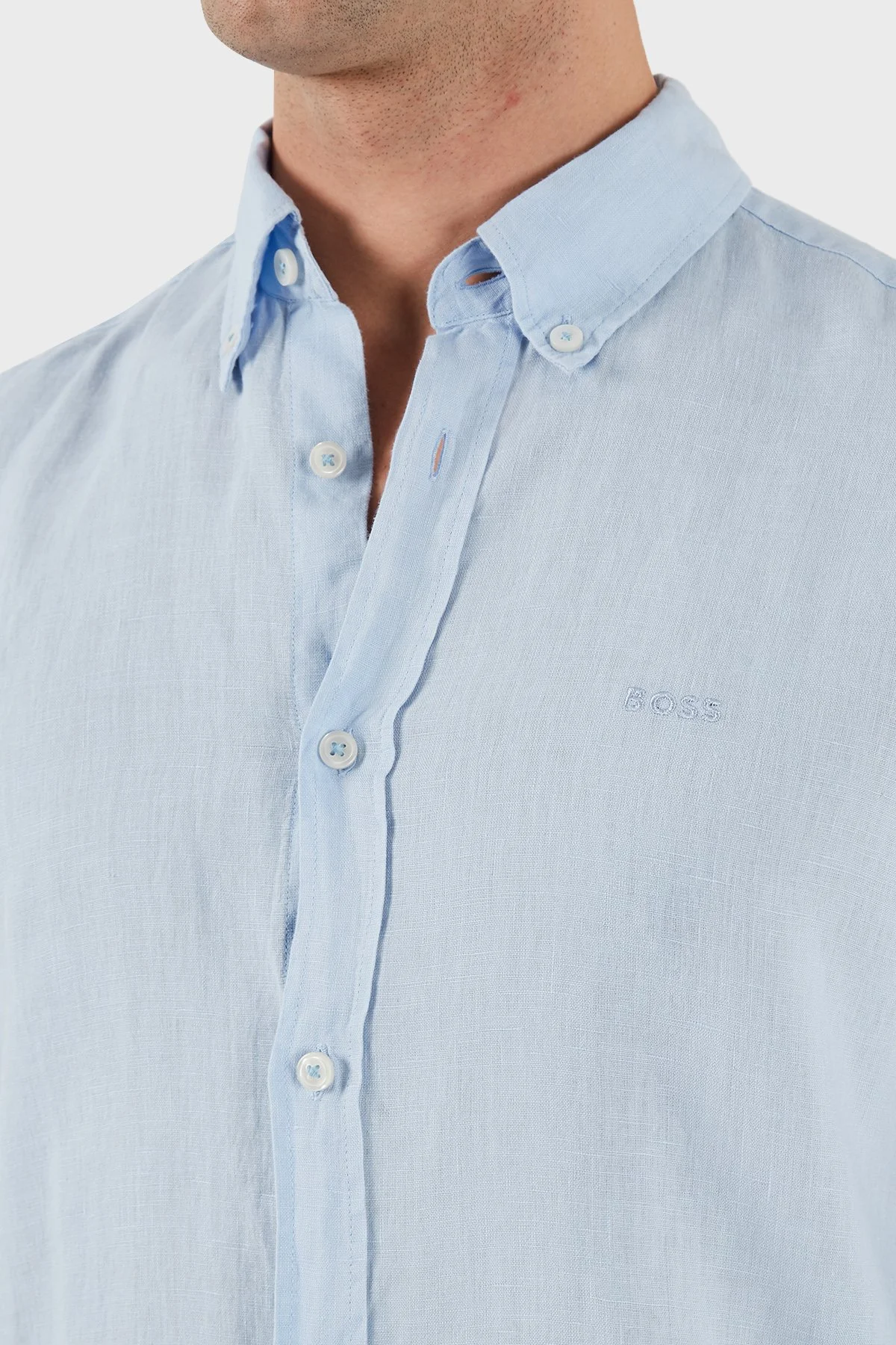 Boss % 100 Keten Regular Fit Düğmeli Yaka Logolu Erkek Gömlek 50520283 450 AÇIK MAVİ - 6