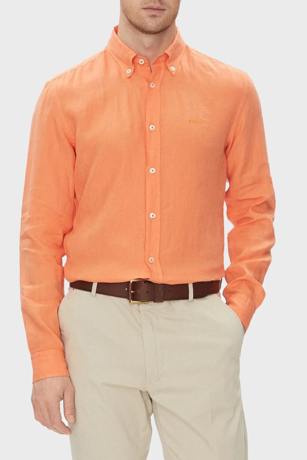 Boss % 100 Keten Slim Fit Düğmeli Yaka Erkek Gömlek 50520283 823 TURUNCU - 1