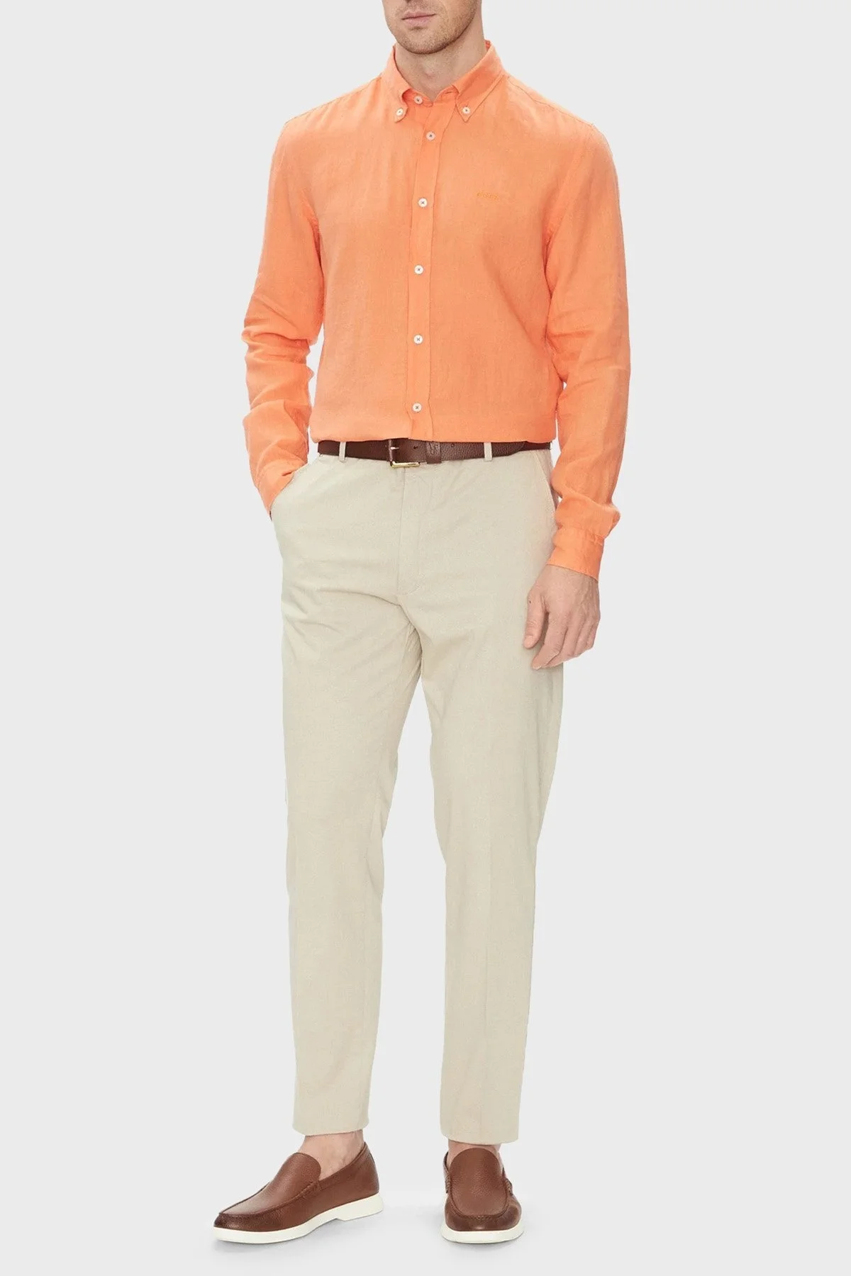 Boss % 100 Keten Slim Fit Düğmeli Yaka Erkek Gömlek 50520283 823 TURUNCU - 2