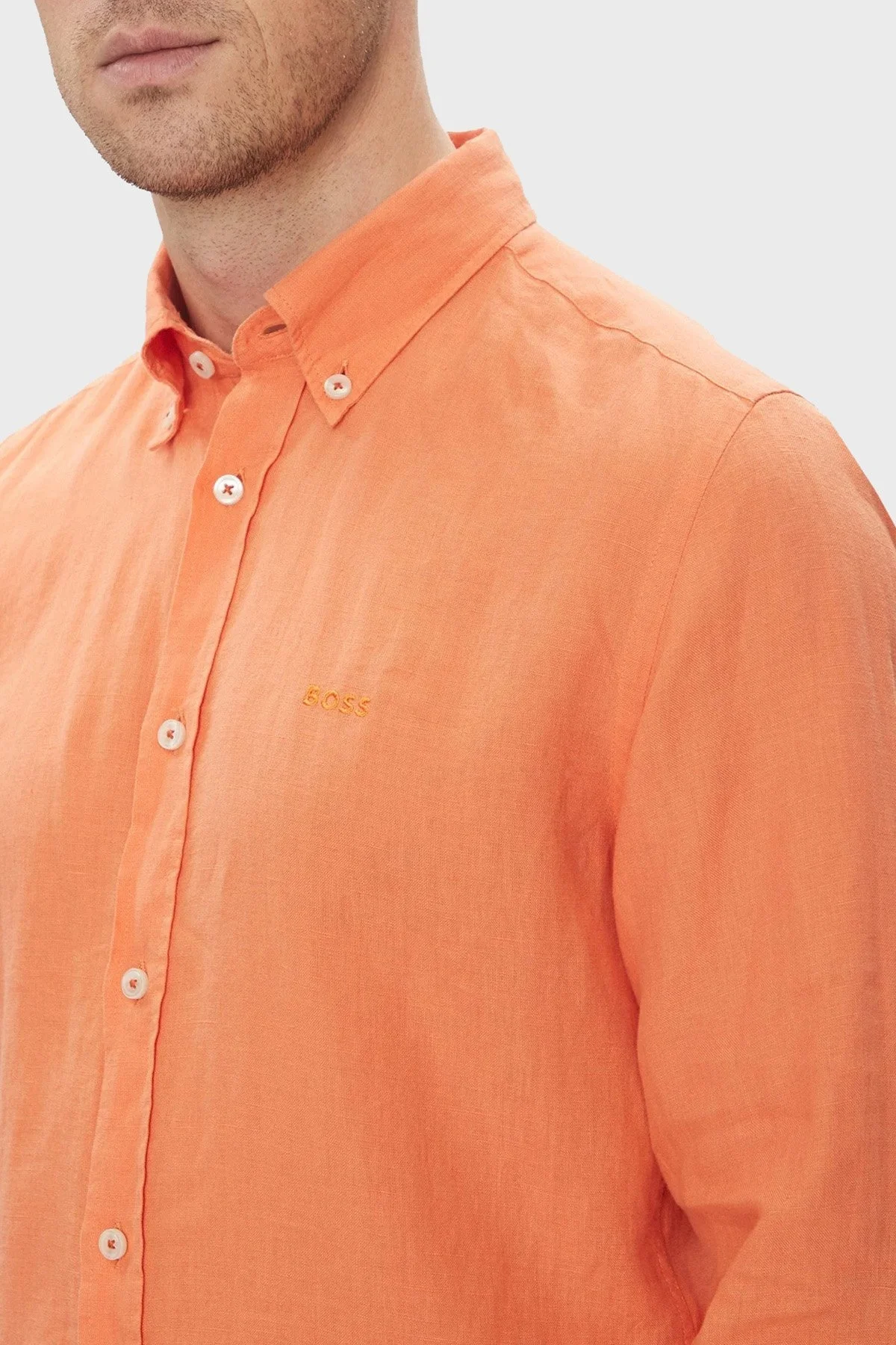 Boss % 100 Keten Slim Fit Düğmeli Yaka Erkek Gömlek 50520283 823 TURUNCU - 4