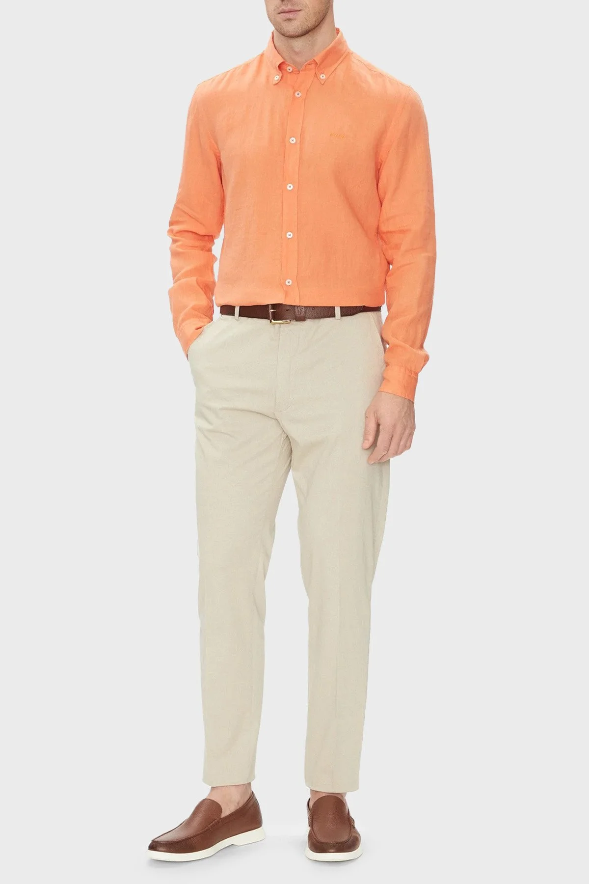 Boss % 100 Keten Slim Fit Düğmeli Yaka Erkek Gömlek 50520283 823 TURUNCU - 2