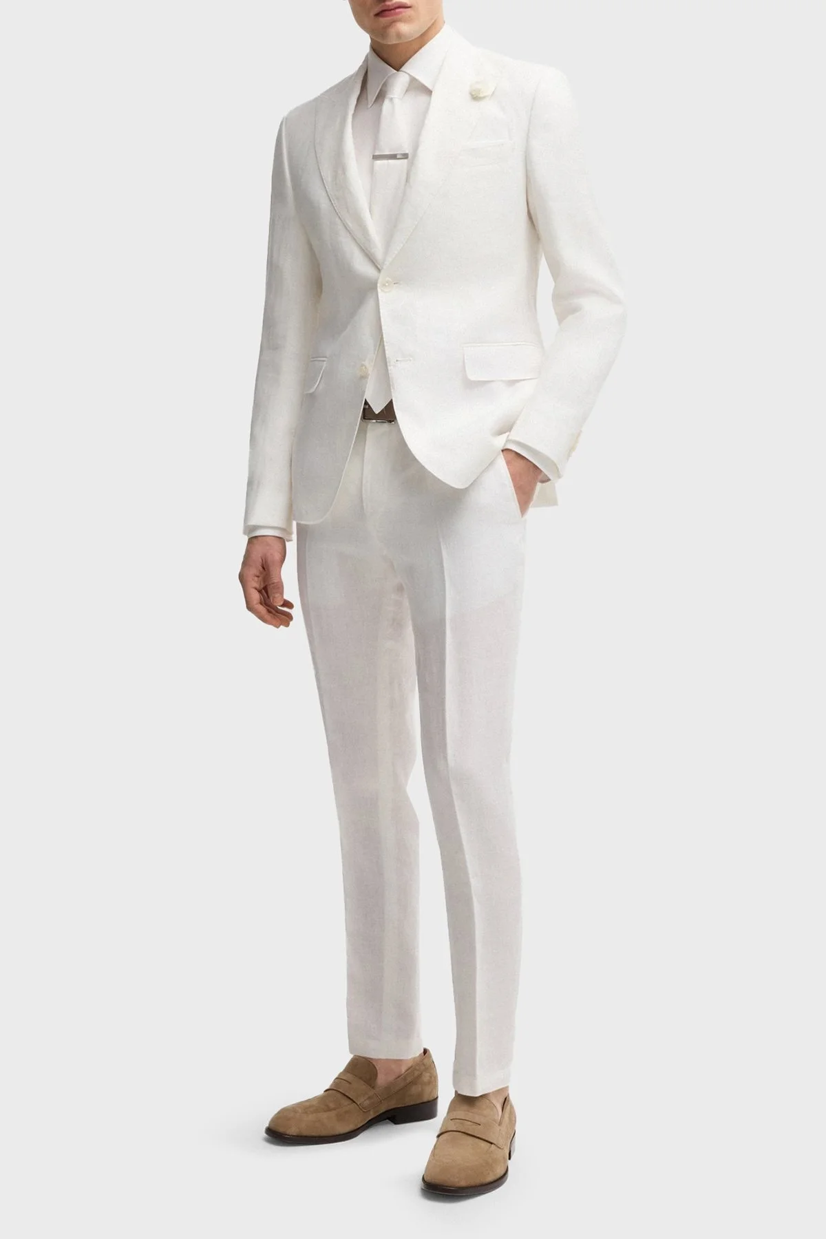 Boss % 100 Keten Slim Fit Yüksek Bel Düz Paça Erkek Pantolon 50540518 100 BEYAZ - 2