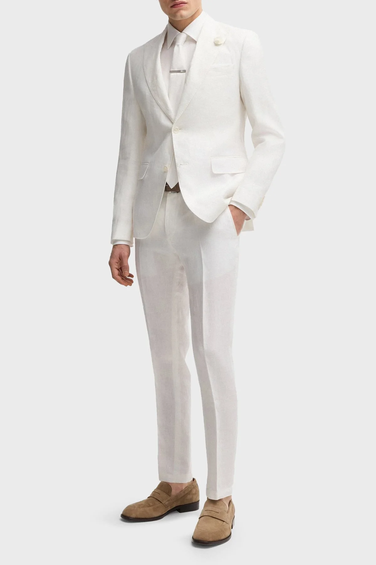 Boss % 100 Keten Slim Fit Yüksek Bel Düz Paça Erkek Pantolon 50540518 100 BEYAZ - 2