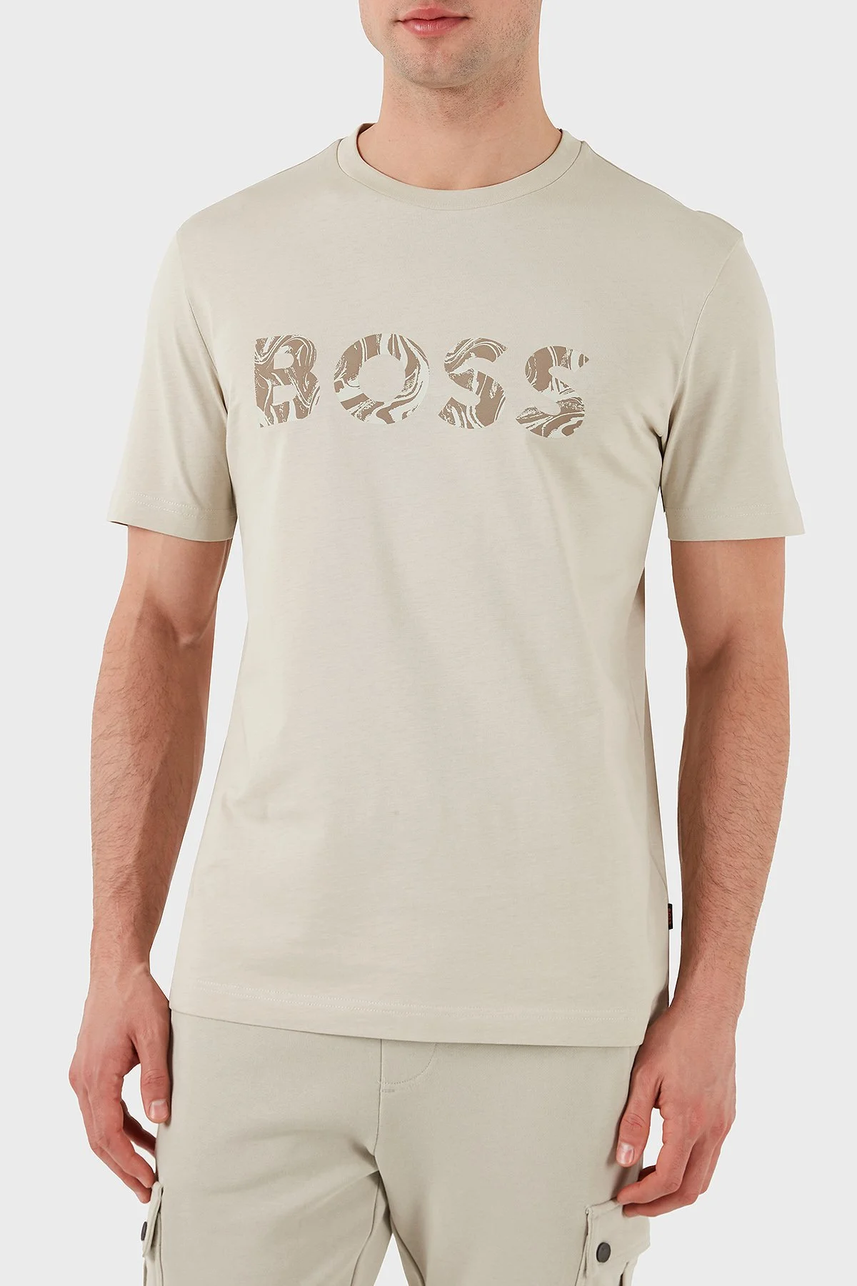 Boss % 100 Pamuk Desenli Logo Baskılı Regular Fit Bisiklet Yaka Erkek T Shirt 50515997 271 BEJ - 1