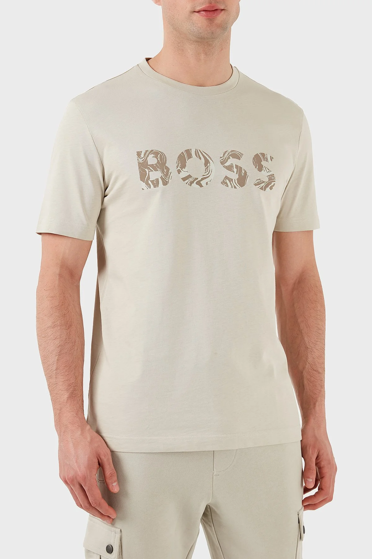 Boss % 100 Pamuk Desenli Logo Baskılı Regular Fit Bisiklet Yaka Erkek T Shirt 50515997 271 BEJ - 4