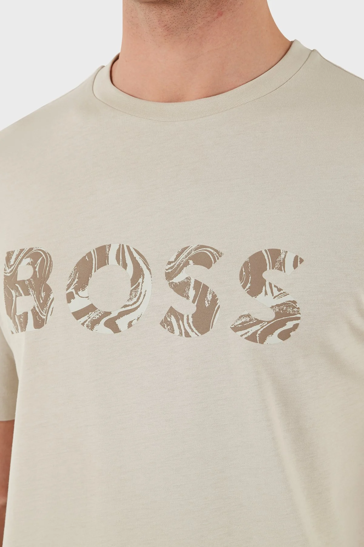Boss % 100 Pamuk Desenli Logo Baskılı Regular Fit Bisiklet Yaka Erkek T Shirt 50515997 271 BEJ - 5