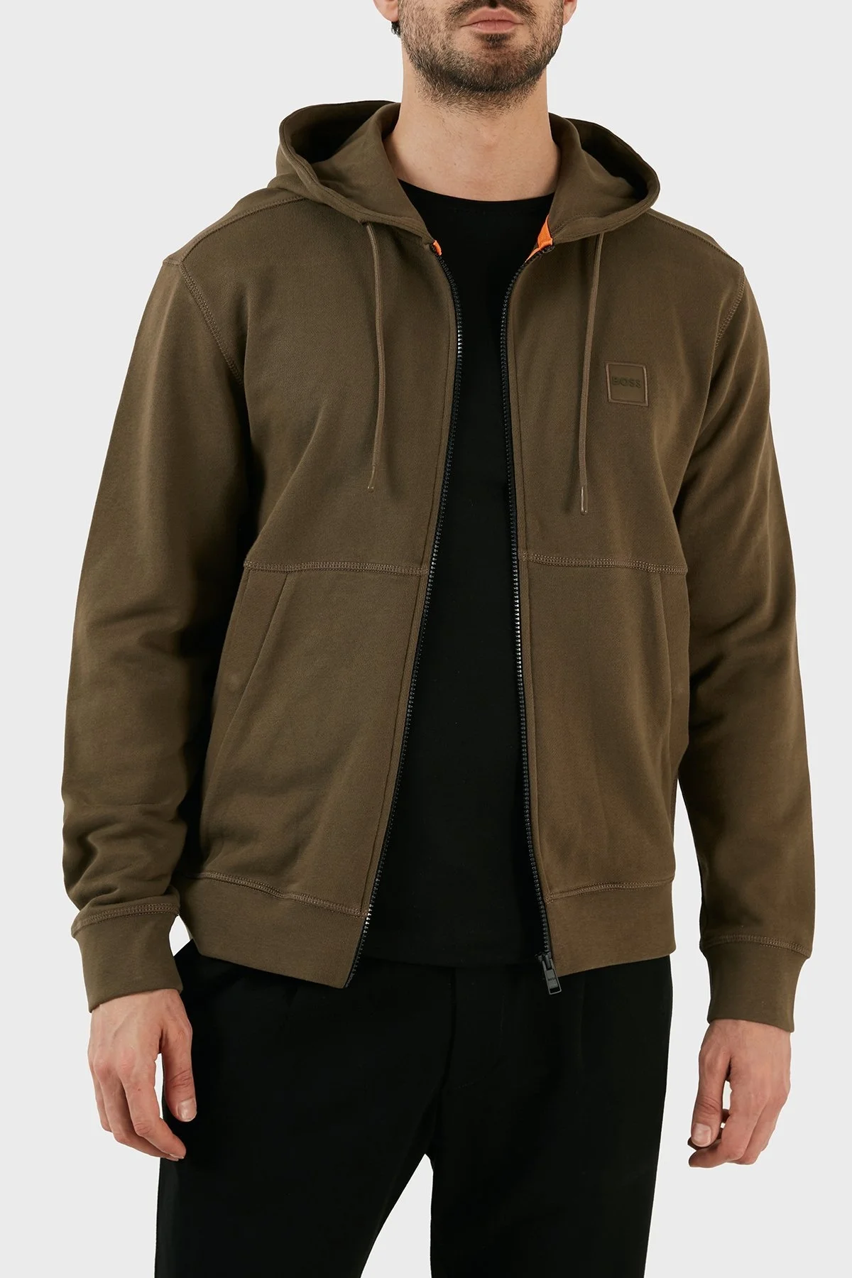 Boss % 100 Pamuk Kapüşonlu Fermuarlı Regular Fit Erkek Sweat 50477003 308 HAKİ - 1