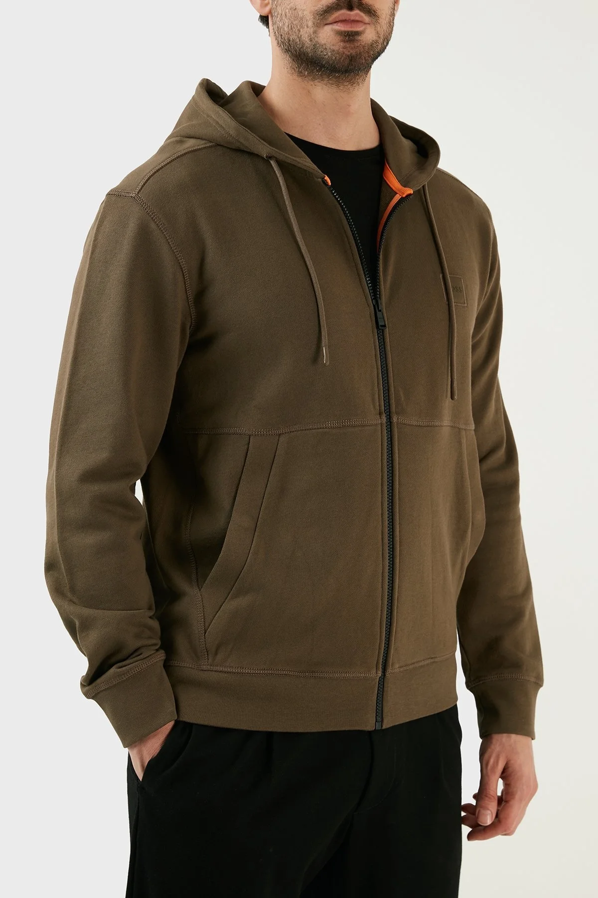 Boss % 100 Pamuk Kapüşonlu Fermuarlı Regular Fit Erkek Sweat 50477003 308 HAKİ - 3