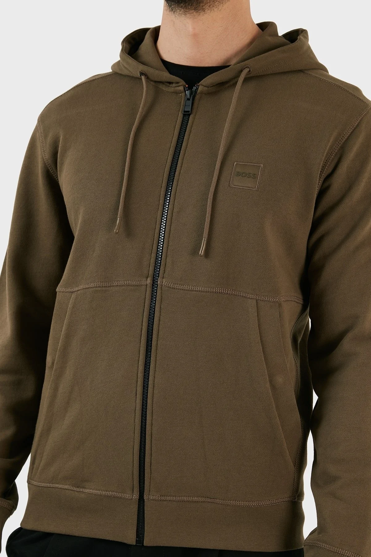 Boss % 100 Pamuk Kapüşonlu Fermuarlı Regular Fit Erkek Sweat 50477003 308 HAKİ - 4