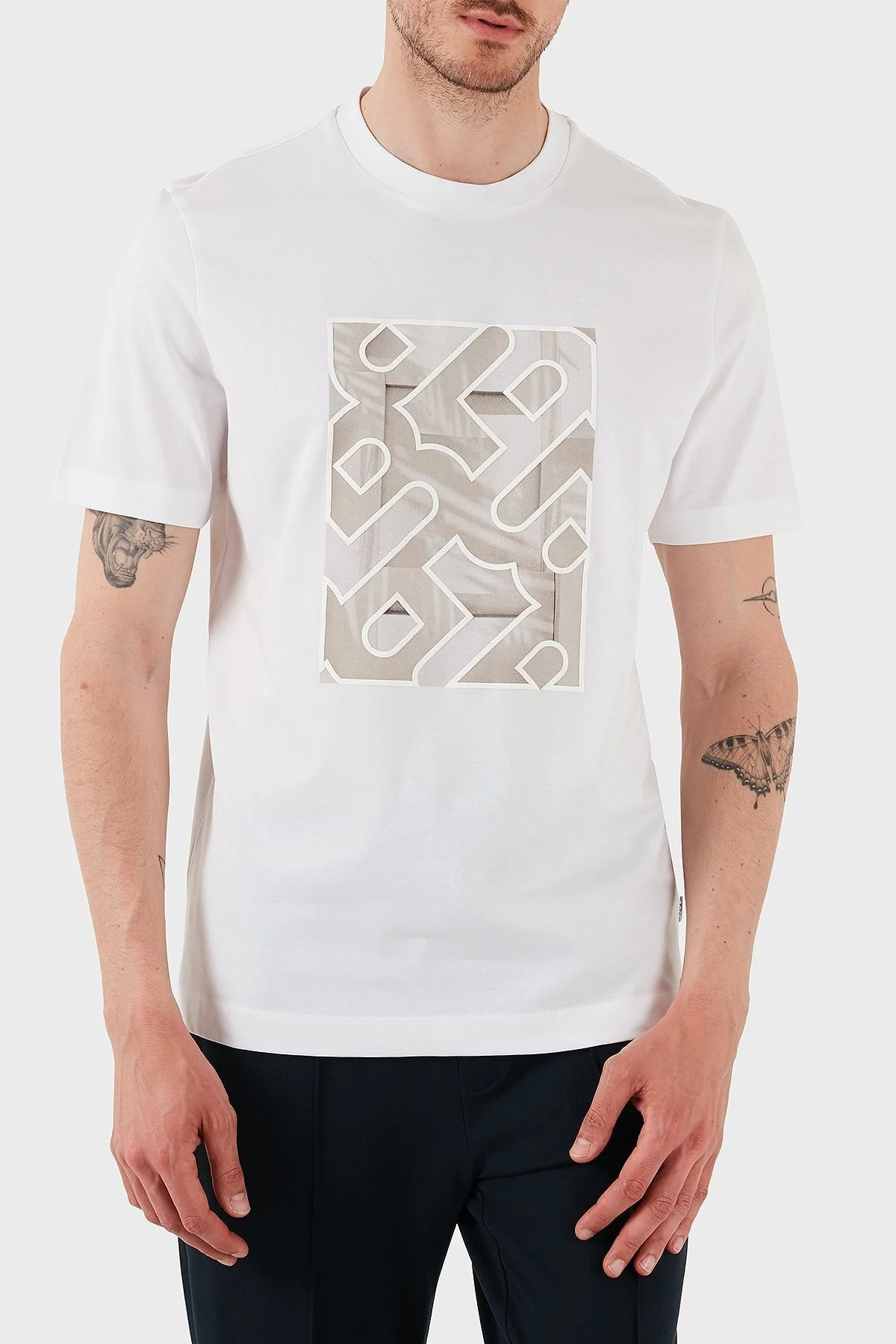Boss % 100 Pamuk Regular Fit Bisiklet Yaka Desenli Erkek T Shirt 50538438 102 BEYAZ - 1