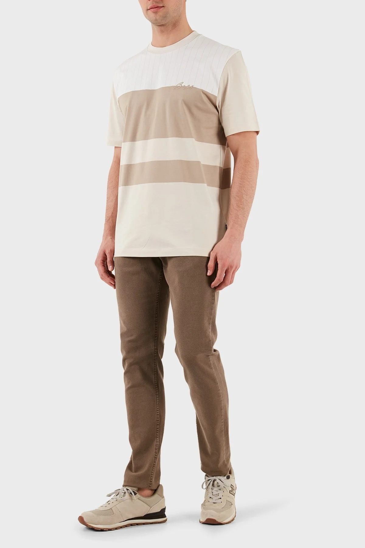 Boss % 100 Pamuk Regular Fit Bisiklet Yaka Geniş Çizgili Logolu Erkek T Shirt 50531381 275 BEJ - 2