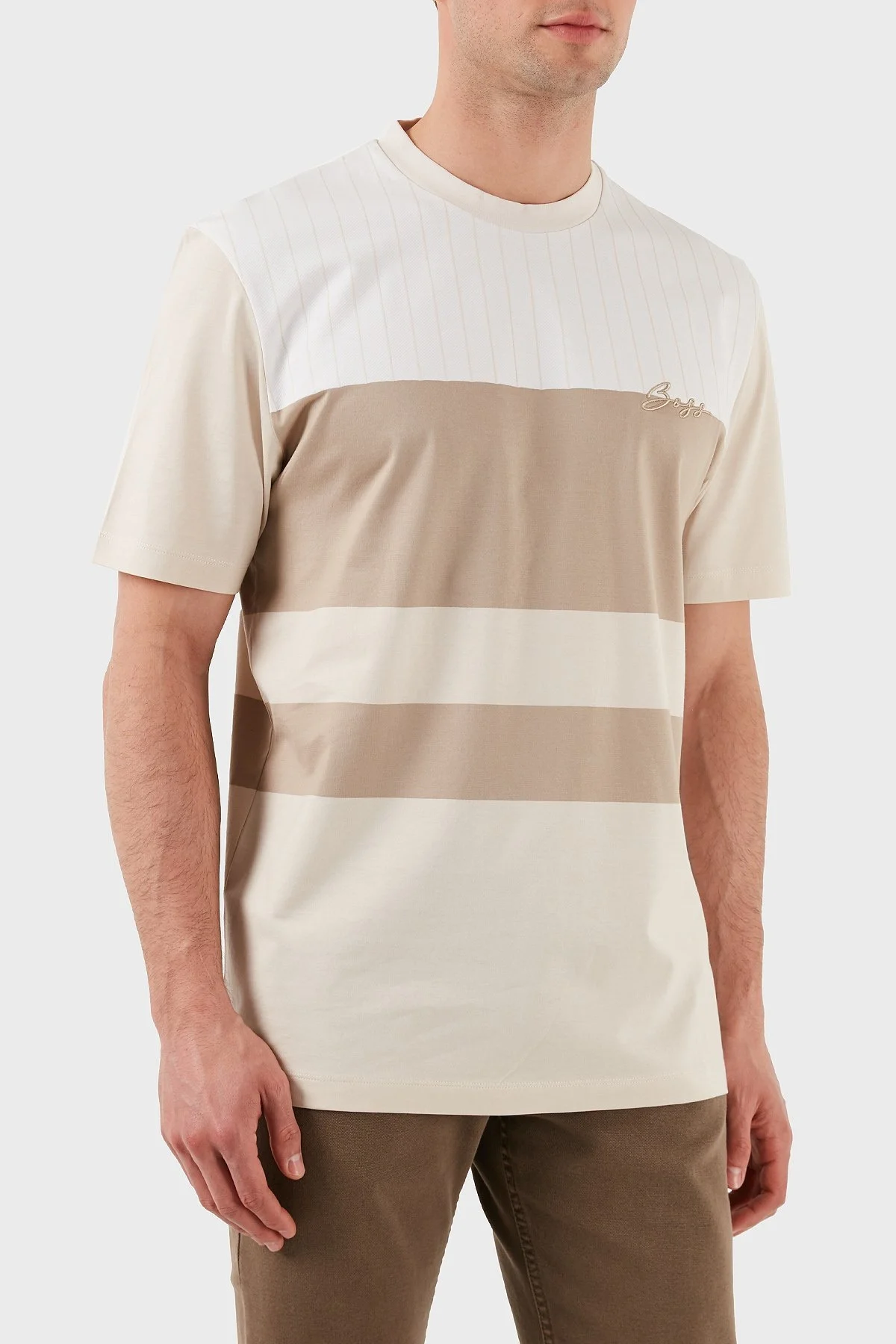 Boss % 100 Pamuk Regular Fit Bisiklet Yaka Geniş Çizgili Logolu Erkek T Shirt 50531381 275 BEJ - 4