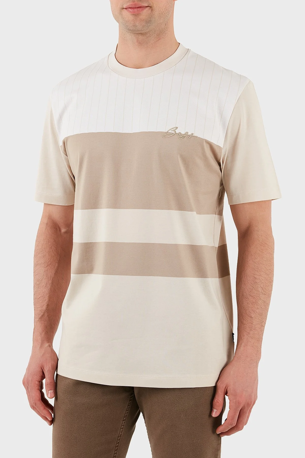 Boss % 100 Pamuk Regular Fit Bisiklet Yaka Geniş Çizgili Logolu Erkek T Shirt 50531381 275 BEJ - 5