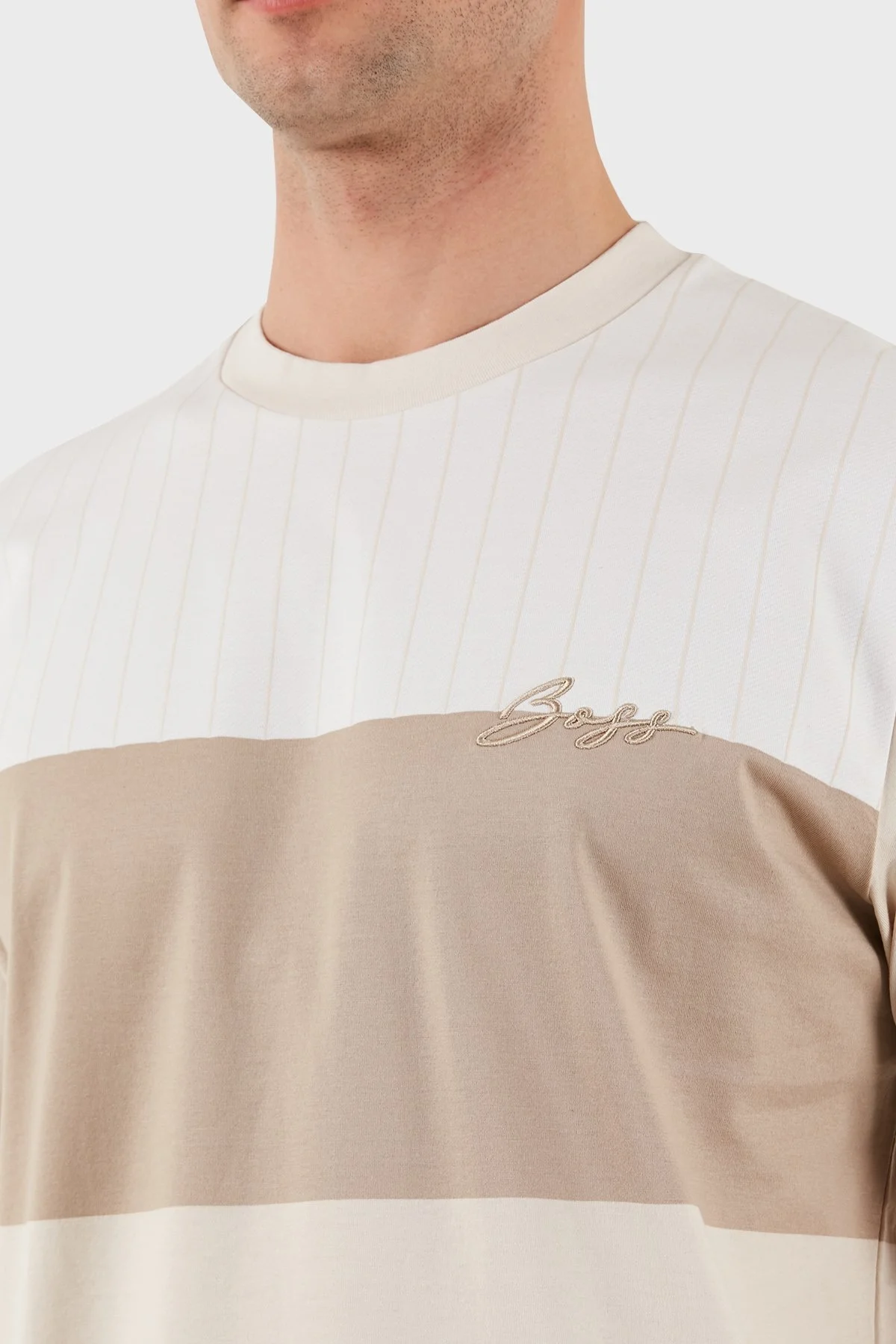 Boss % 100 Pamuk Regular Fit Bisiklet Yaka Geniş Çizgili Logolu Erkek T Shirt 50531381 275 BEJ - 6