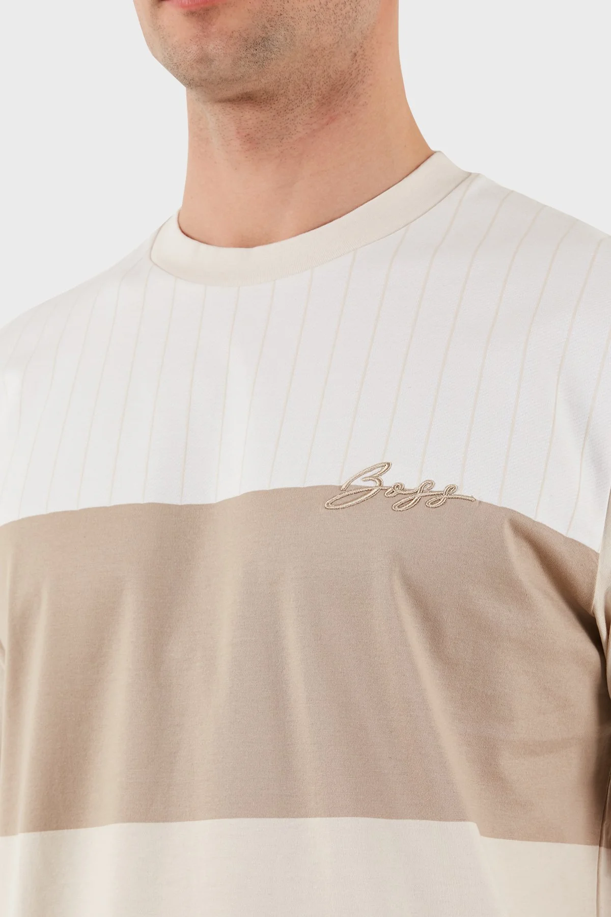 Boss % 100 Pamuk Regular Fit Bisiklet Yaka Geniş Çizgili Logolu Erkek T Shirt 50531381 275 BEJ - 6