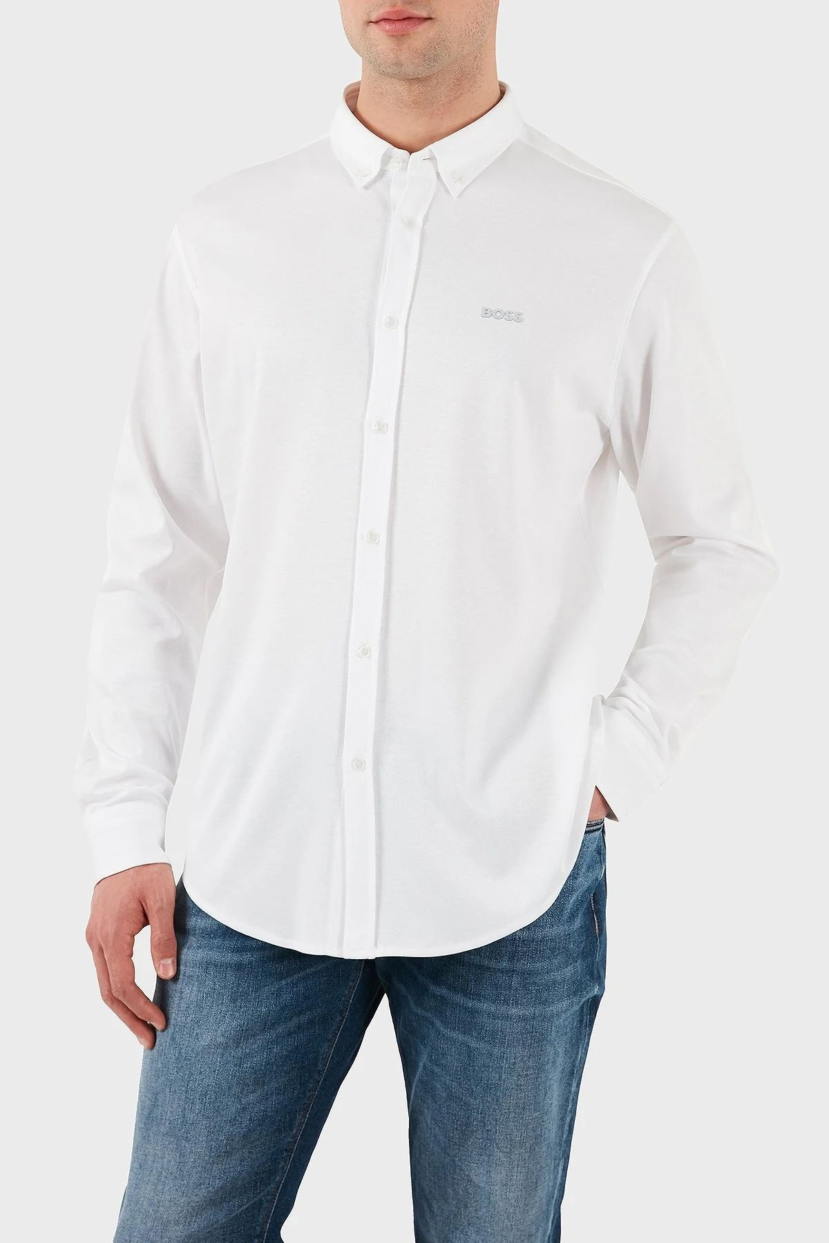 Boss % 100 Pamuk Regular Fit Düğmeli Yaka Logolu Erkek Gömlek 50533163 100 BEYAZ - 5