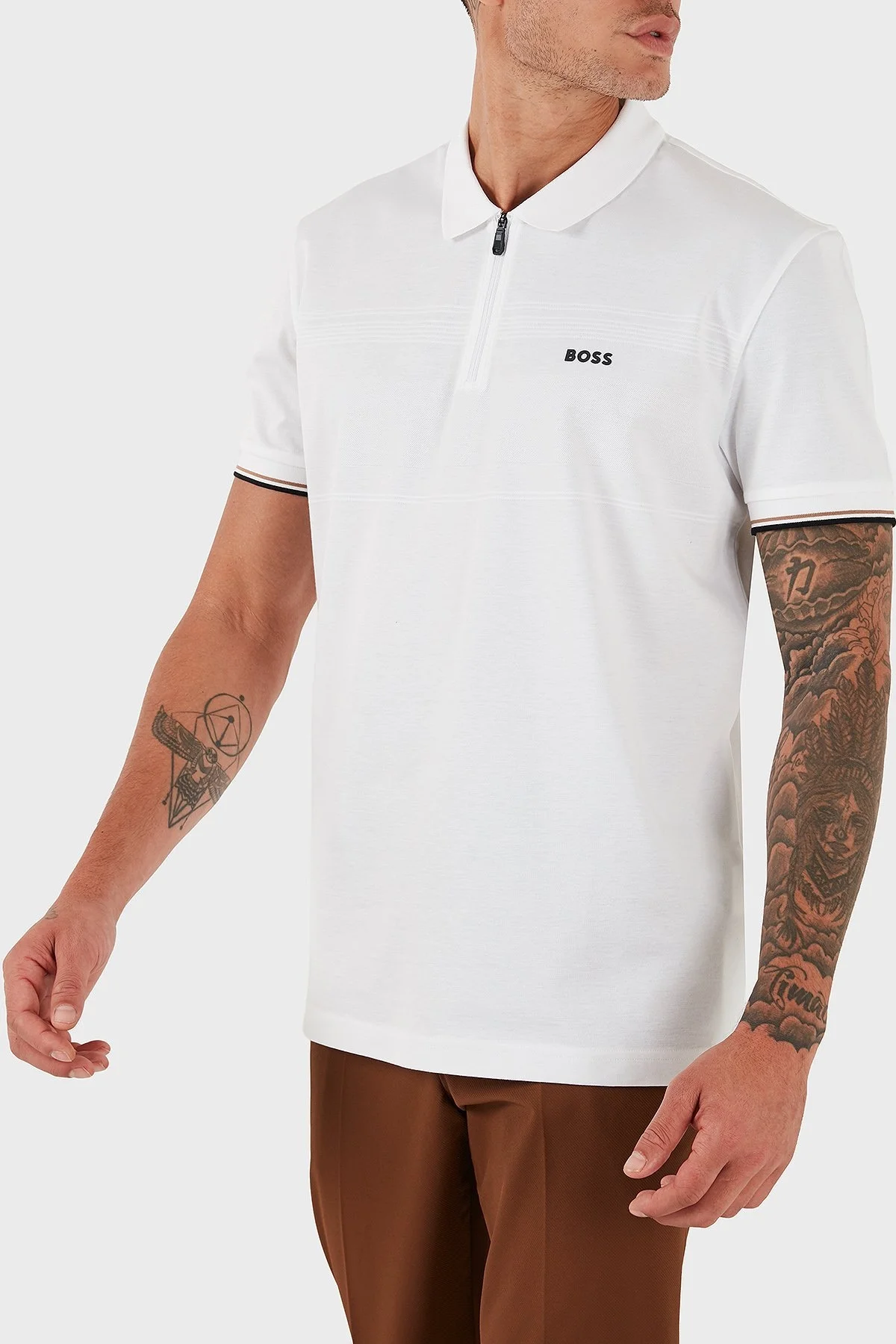 Boss % 100 Pamuk Regular Fit Fermuarlı Erkek Polo Yaka T Shirt 50538177 100 BEYAZ - 10
