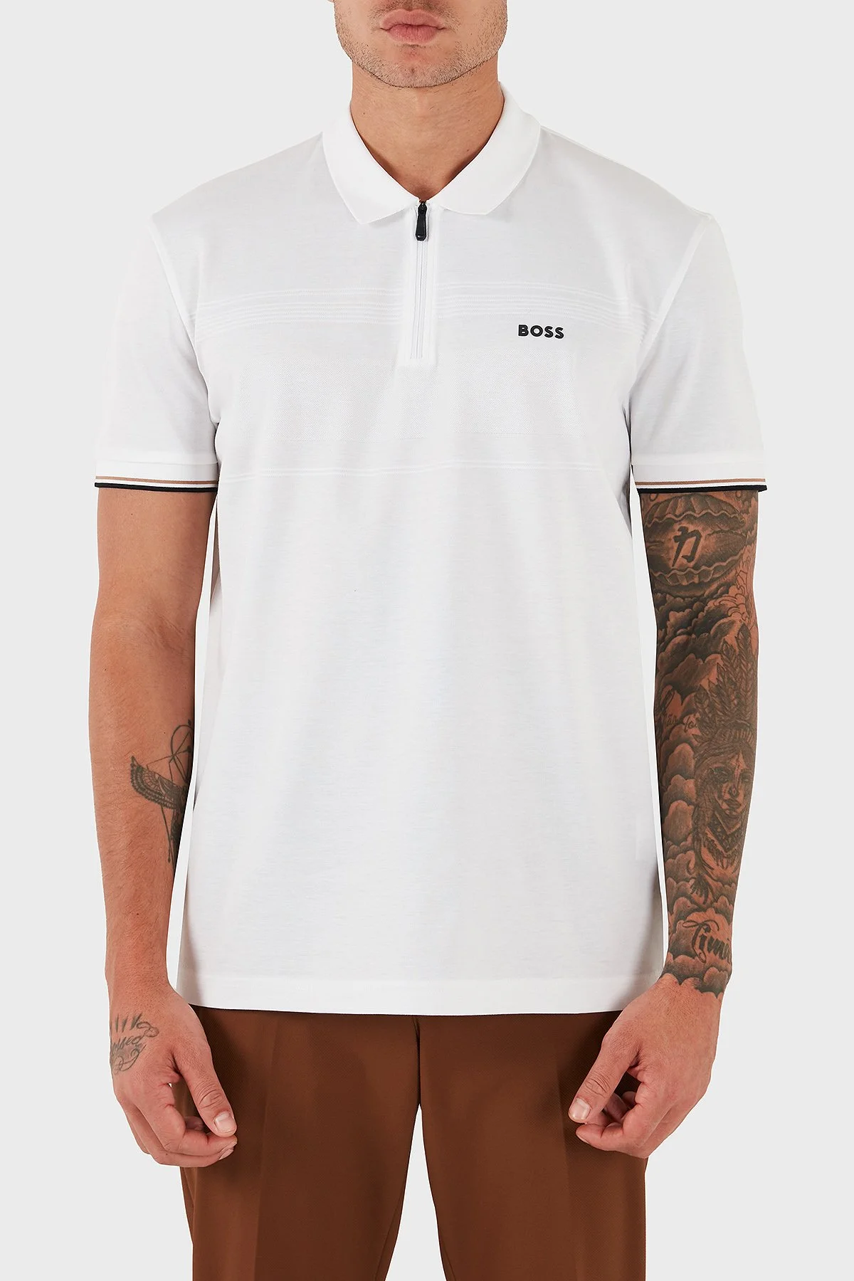 Boss % 100 Pamuk Regular Fit Fermuarlı Erkek Polo Yaka T Shirt 50538177 100 BEYAZ - 1