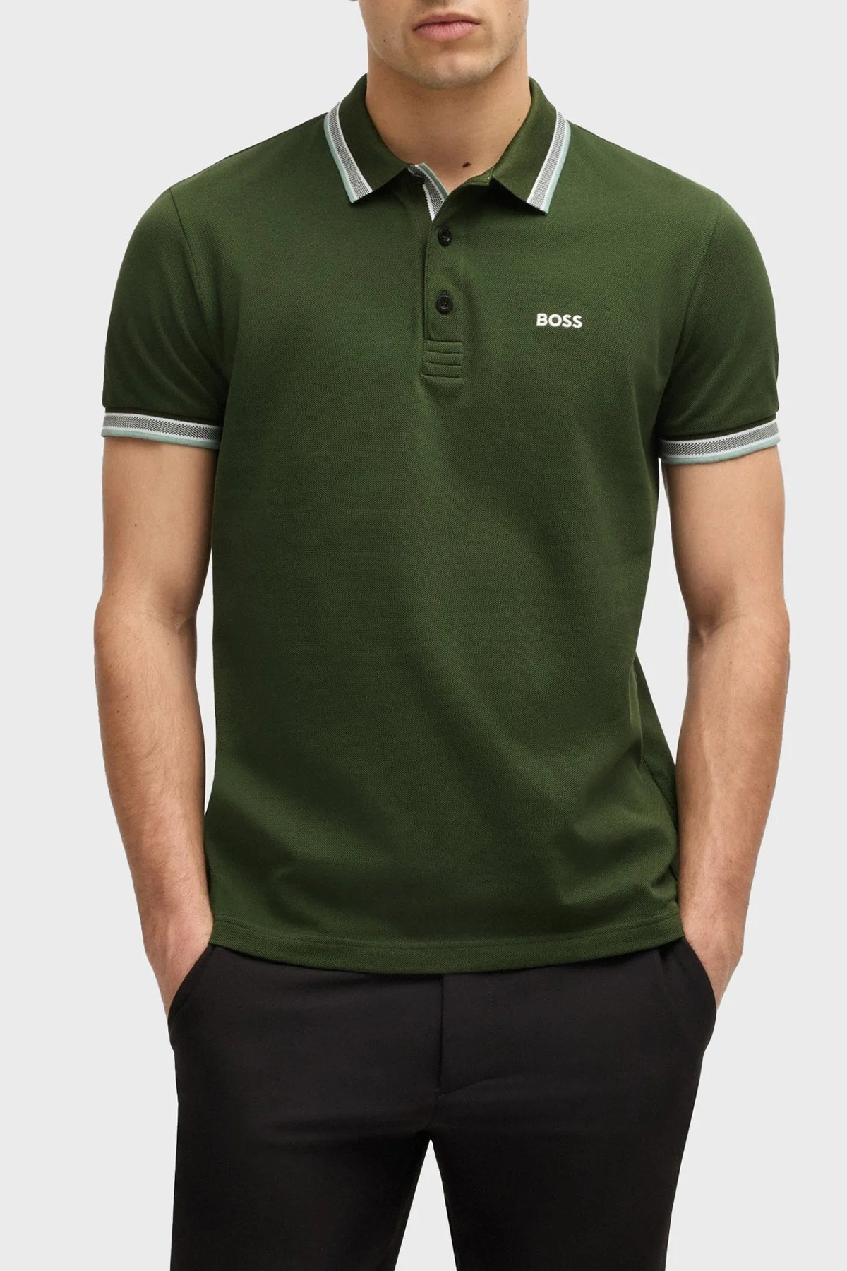 Boss % 100 Pamuk Regular Fit Şerit Detaylı Düğmeli Erkek Polo Yaka T Shirt 50469055 355 YEŞİL - 1