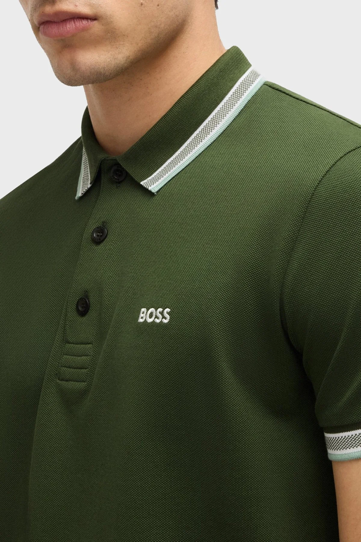 Boss % 100 Pamuk Regular Fit Şerit Detaylı Düğmeli Erkek Polo Yaka T Shirt 50469055 355 YEŞİL - 4