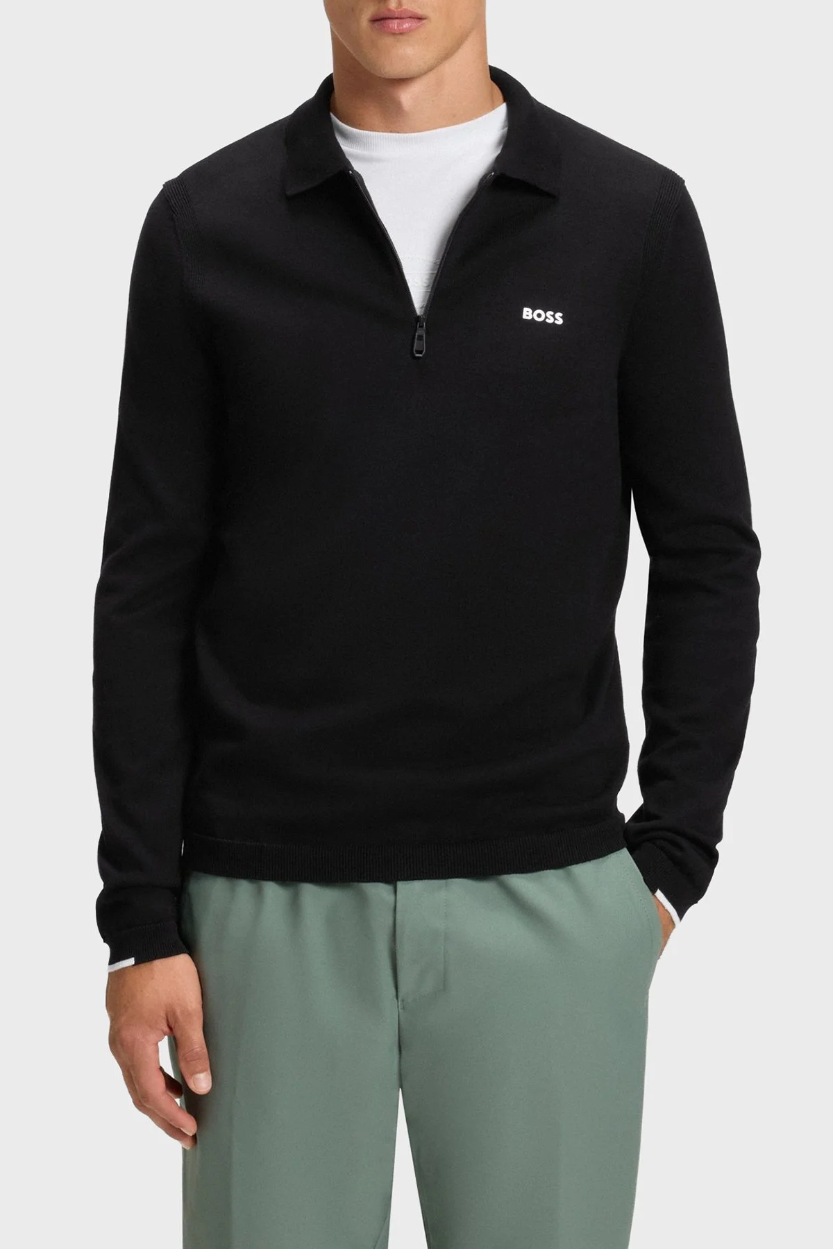 Boss % 100 Pamuk Regular Fit Yarm Fermuarlı Erkek Polo Yaka Kazak 50551688 001 SİYAH - 1