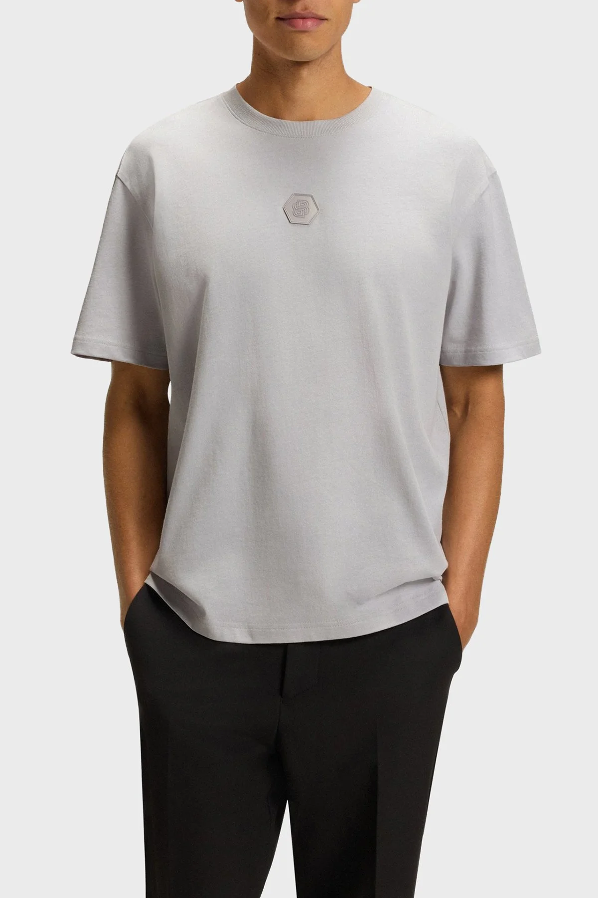 Boss % 100 Pamuk Relaxed Fit Bisiklet Yaka Logolu Erkek T Shirt 50544316 054 AÇIK GRİ - 1