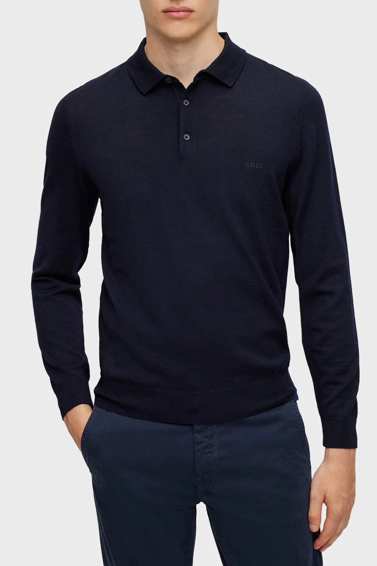 Boss % 100 Yün Regular Fit Düğmeli Erkek Polo Yaka Kazak 50476357 404 LACİVERT - 1