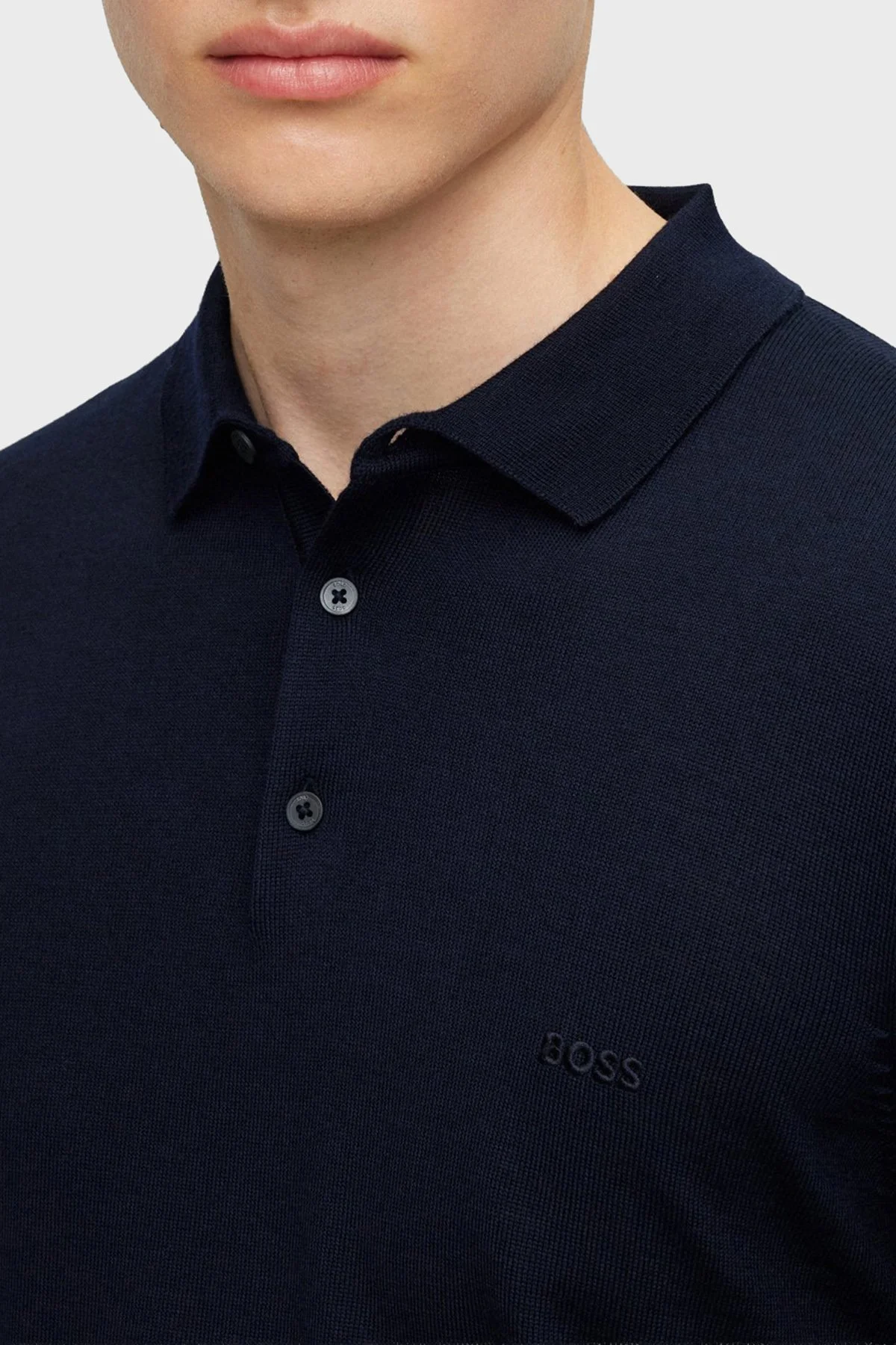 Boss % 100 Yün Regular Fit Düğmeli Erkek Polo Yaka Kazak 50476357 404 LACİVERT - 4