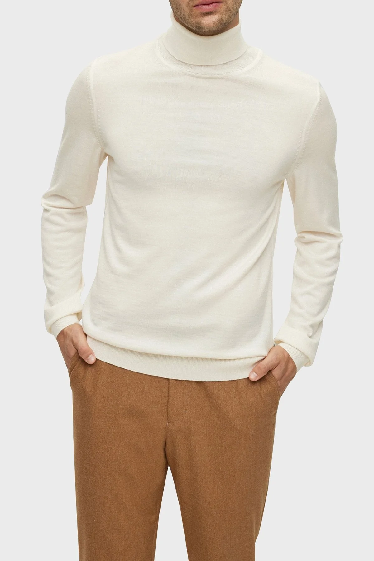 Boss Balıkçı Yaka % 100 Yünlü Slim Fit Erkek Kazak 50468262 131 EKRU - 1