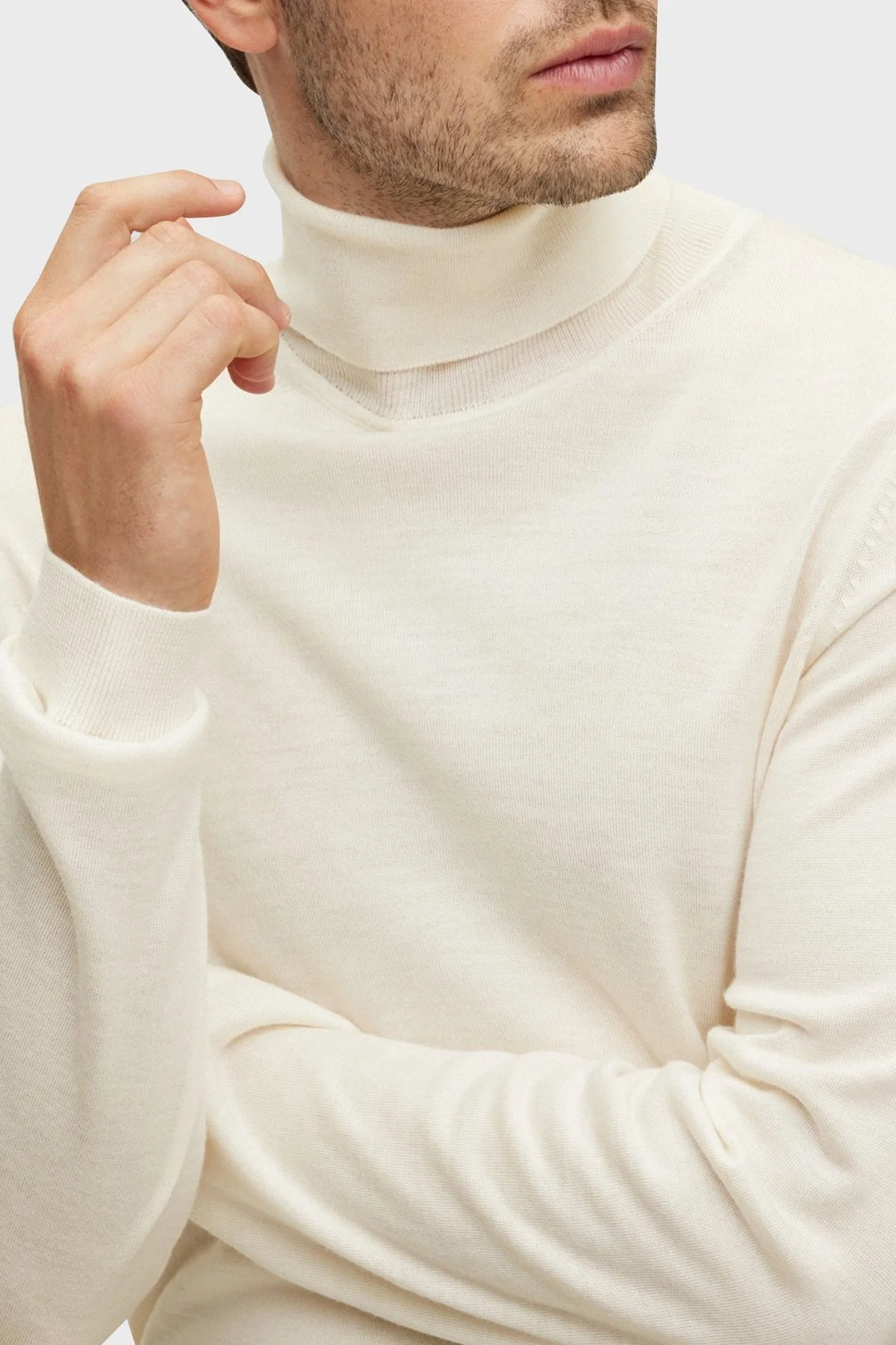 Boss Balıkçı Yaka % 100 Yünlü Slim Fit Erkek Kazak 50468262 131 EKRU - 3