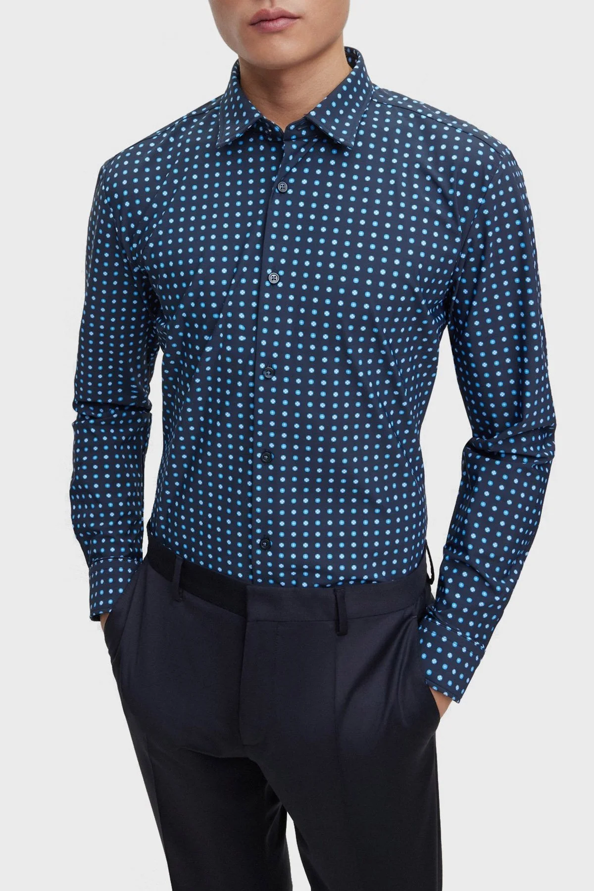 Boss Baskılı Streç Jarseden Dar Kesim Erkek Gömlek 50483716 445 BEYAZ-LACİVERT - 1